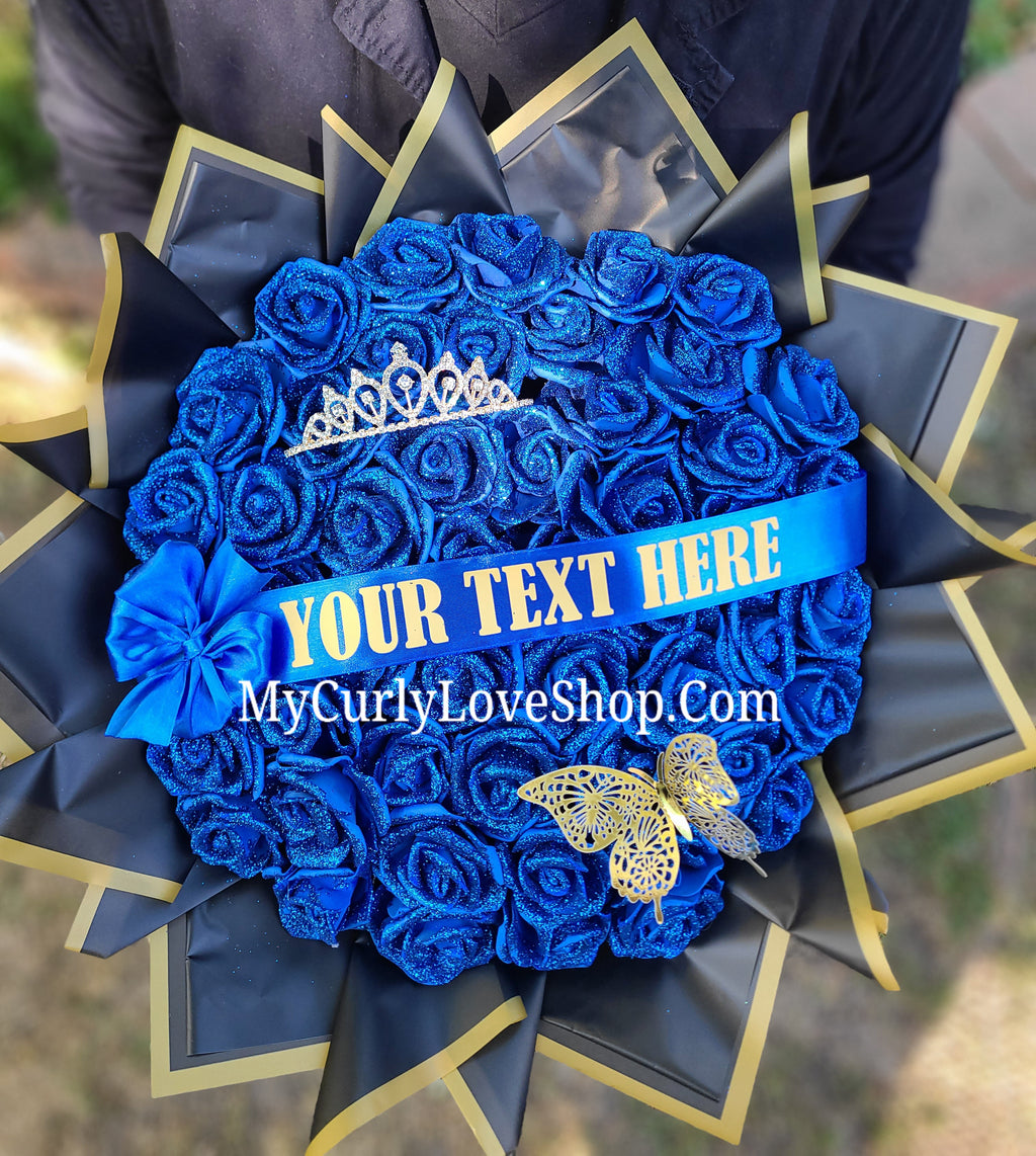 ROYAL BLUE Glitter Roses Bouquet: Graduation Cap or Tiara and Butterfly Included (Tiara and Butterfly Shape Can Vary Depending on Availability) Banner and Lights are additional.