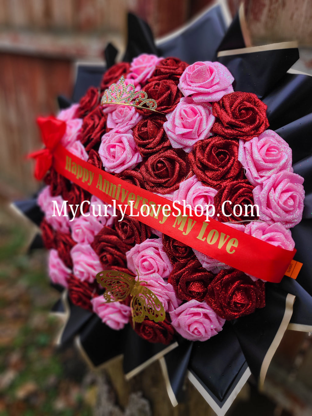 Red & Pink Glitter Roses Bouquet: Tiara and Butterfly Included (Tiara and Butterfly Shape Can Vary Depending on Availability) Banner and Lights are additional.