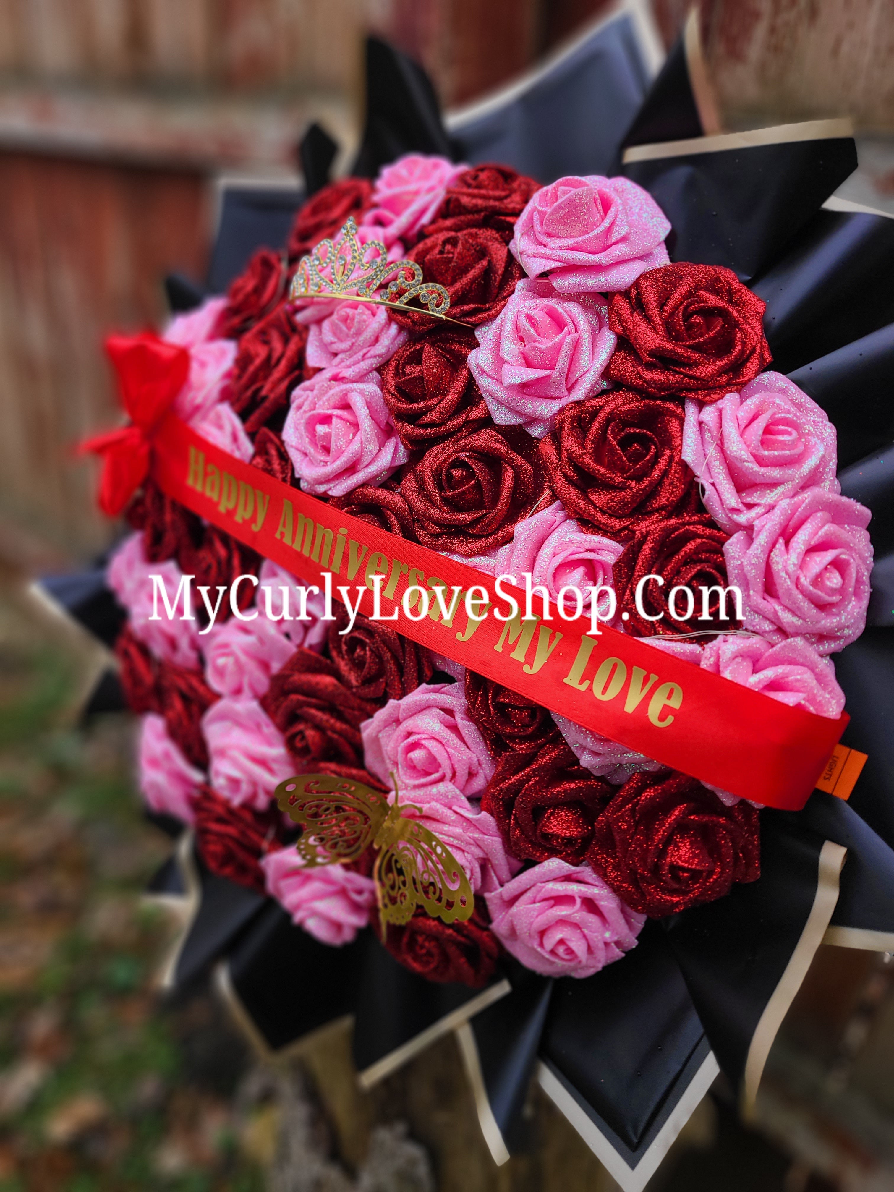 Red & Pink Glitter Roses Bouquet: Tiara and Butterfly Included (Tiara and Butterfly Shape Can Vary Depending on Availability) Banner and Lights are additional.