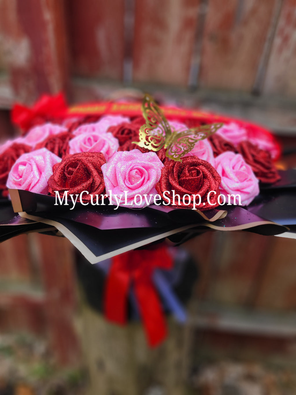 Red & Pink Glitter Roses Bouquet: Tiara and Butterfly Included (Tiara and Butterfly Shape Can Vary Depending on Availability) Banner and Lights are additional.