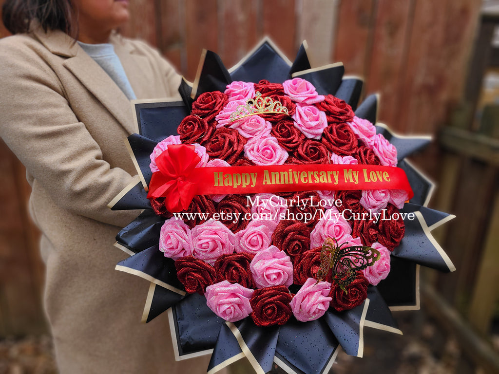 Red & Pink Glitter Roses Bouquet: Tiara and Butterfly Included (Tiara and Butterfly Shape Can Vary Depending on Availability) Banner and Lights are additional.