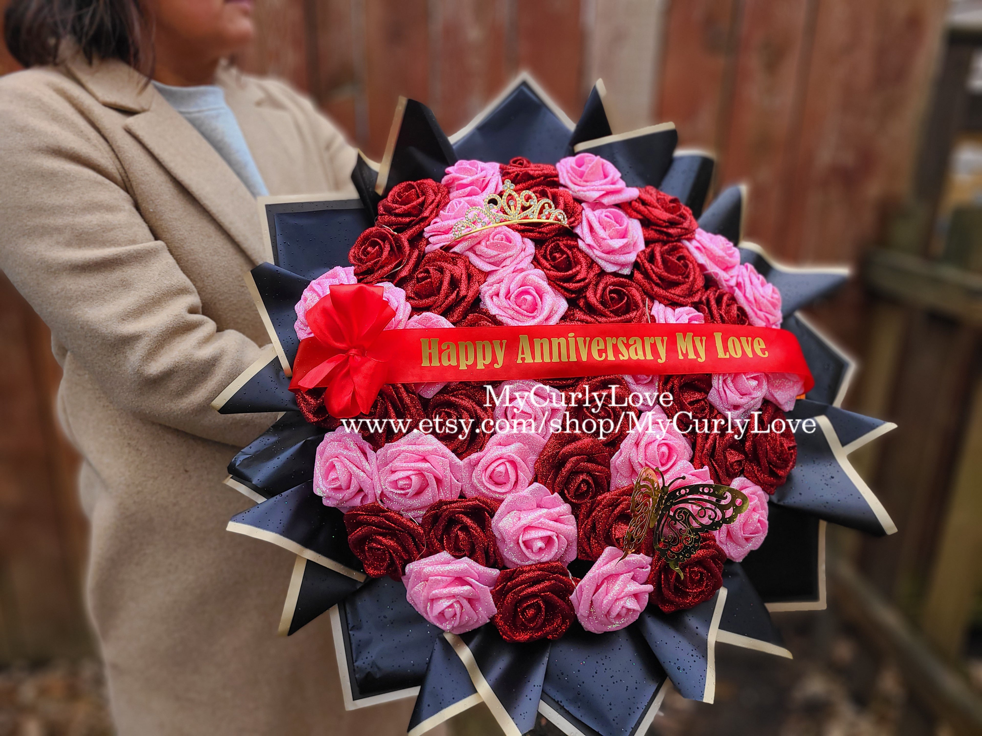 Red & Pink Glitter Roses Bouquet: Tiara and Butterfly Included (Tiara and Butterfly Shape Can Vary Depending on Availability) Banner and Lights are additional.