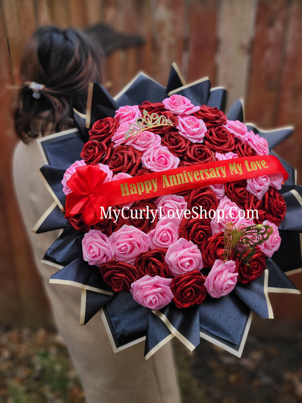 Red & Pink Glitter Roses Bouquet: Tiara and Butterfly Included (Tiara and Butterfly Shape Can Vary Depending on Availability) Banner and Lights are additional.
