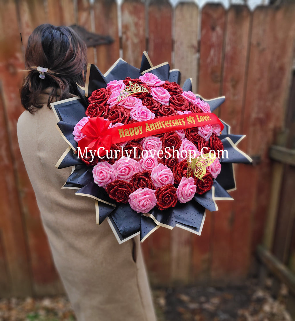 Red & Pink Glitter Roses Bouquet: Tiara and Butterfly Included (Tiara and Butterfly Shape Can Vary Depending on Availability) Banner and Lights are additional.