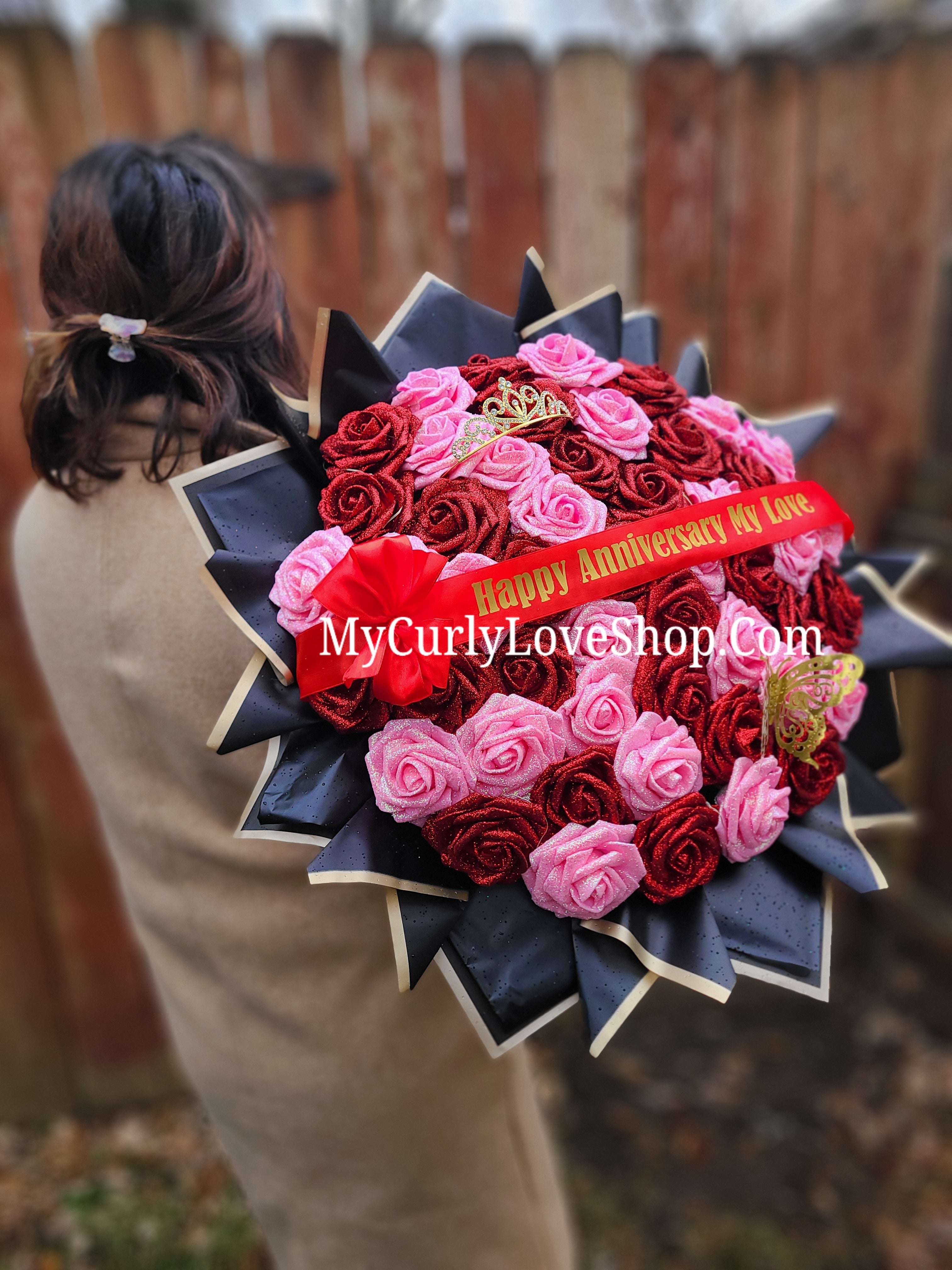Red & Pink Glitter Roses Bouquet: Tiara and Butterfly Included (Tiara and Butterfly Shape Can Vary Depending on Availability) Banner and Lights are additional.