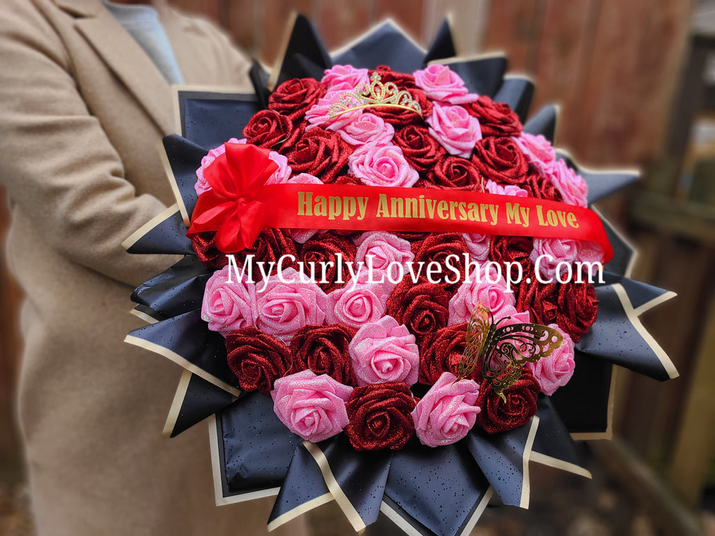 Red & Pink Glitter Roses Bouquet: Tiara and Butterfly Included (Tiara and Butterfly Shape Can Vary Depending on Availability) Banner and Lights are additional.