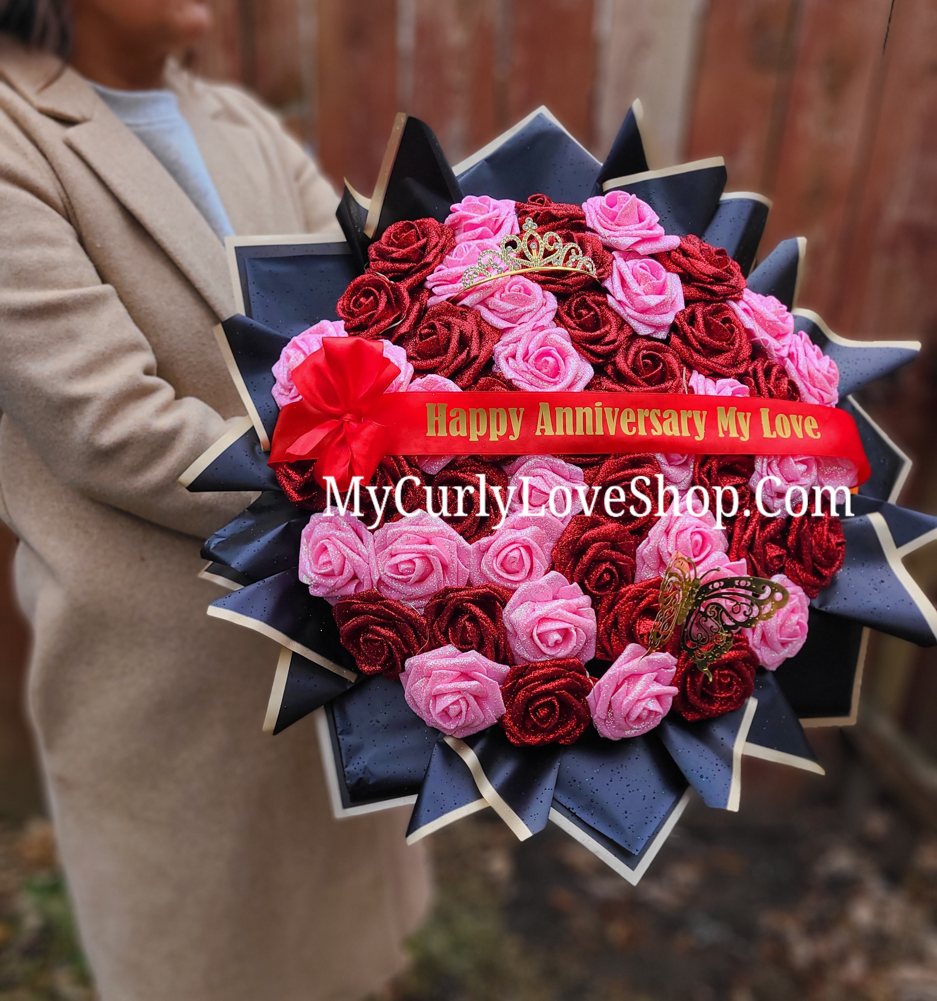 Red & Pink Glitter Roses Bouquet: Tiara and Butterfly Included (Tiara and Butterfly Shape Can Vary Depending on Availability) Banner and Lights are additional.