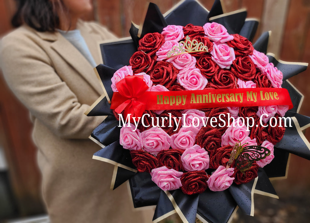 Red & Pink Glitter Roses Bouquet: Tiara and Butterfly Included (Tiara and Butterfly Shape Can Vary Depending on Availability) Banner and Lights are additional.