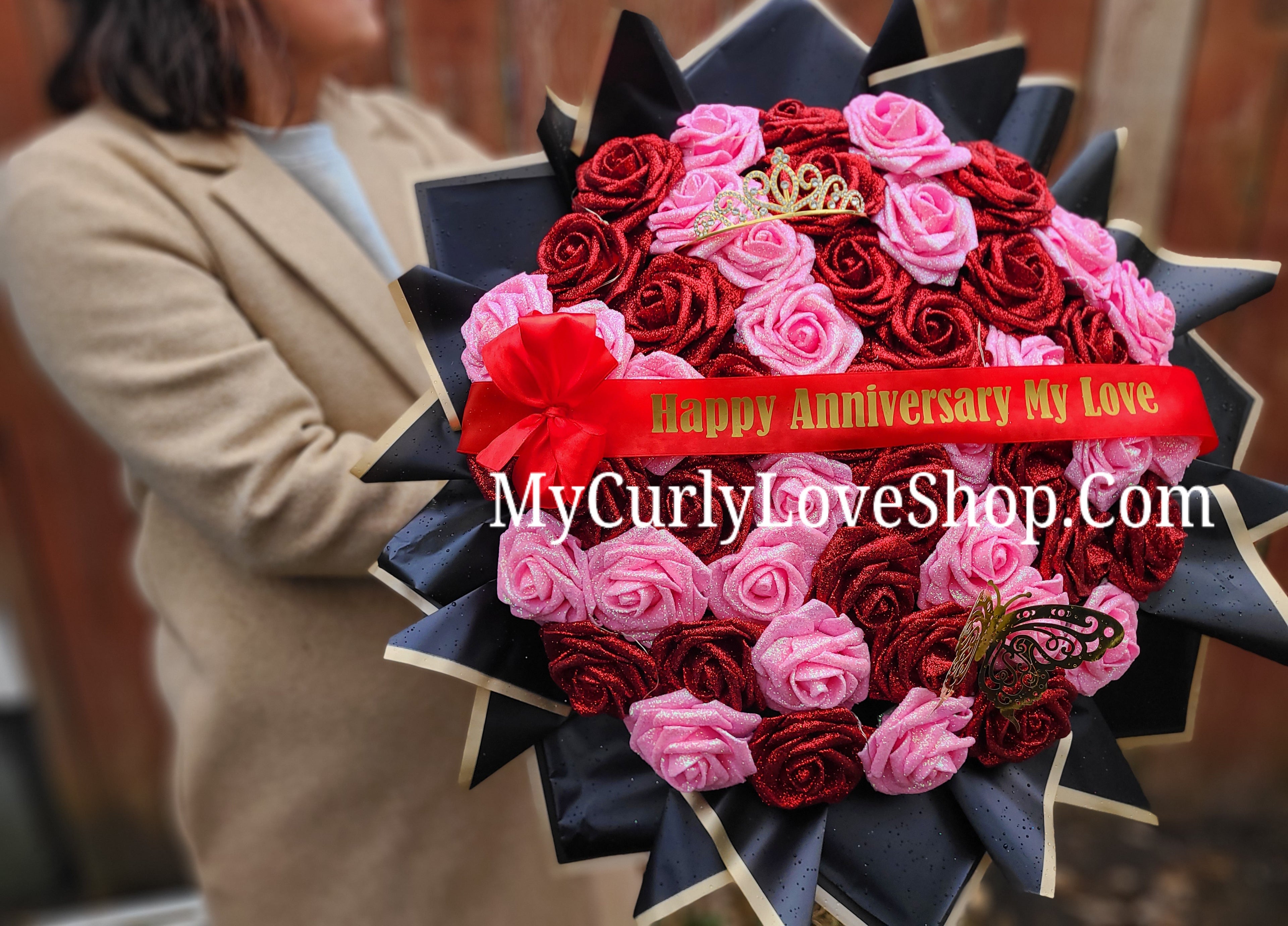 Red & Pink Glitter Roses Bouquet: Tiara and Butterfly Included (Tiara and Butterfly Shape Can Vary Depending on Availability) Banner and Lights are additional.