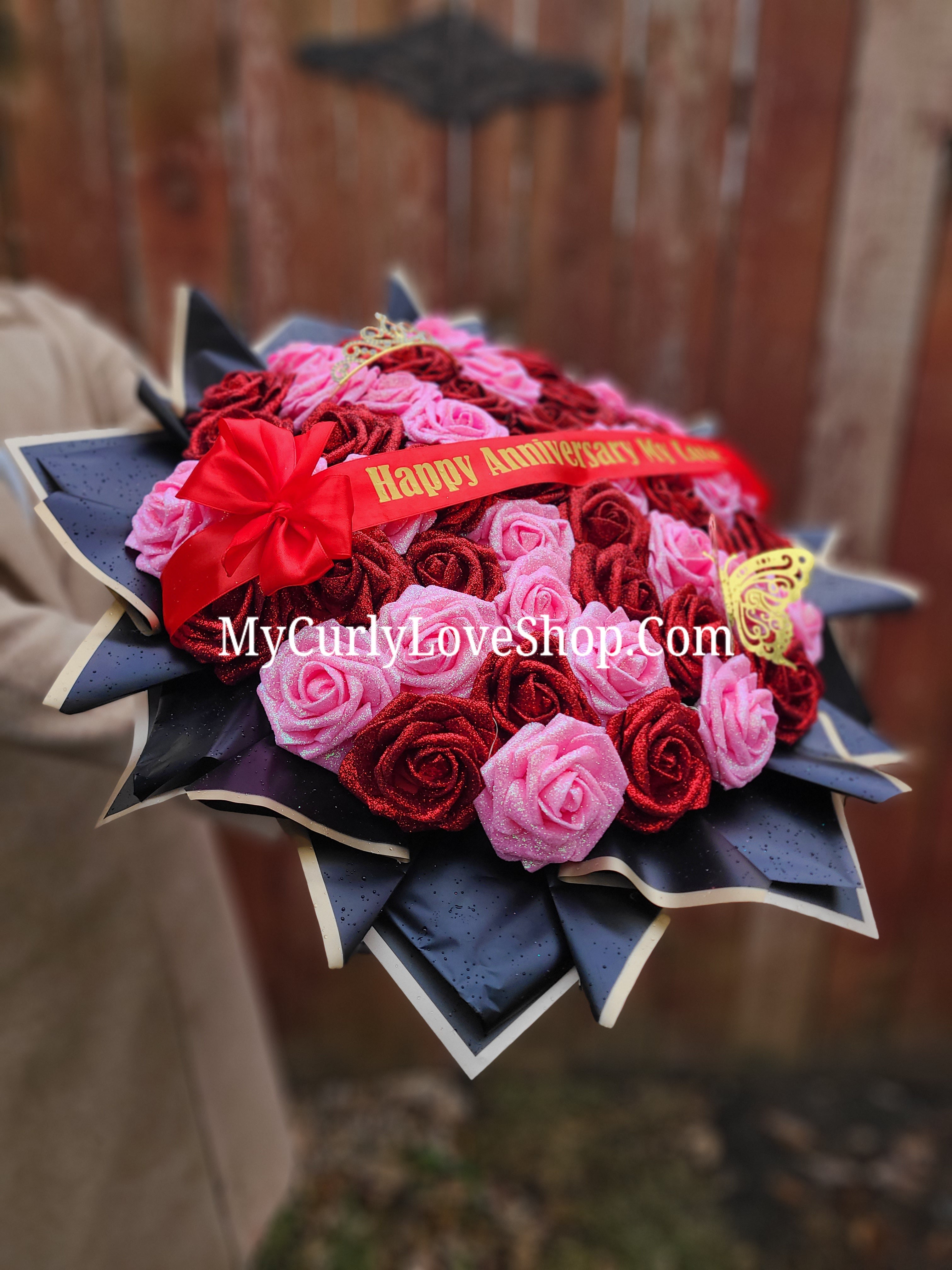 Red & Pink Glitter Roses Bouquet: Tiara and Butterfly Included (Tiara and Butterfly Shape Can Vary Depending on Availability) Banner and Lights are additional.