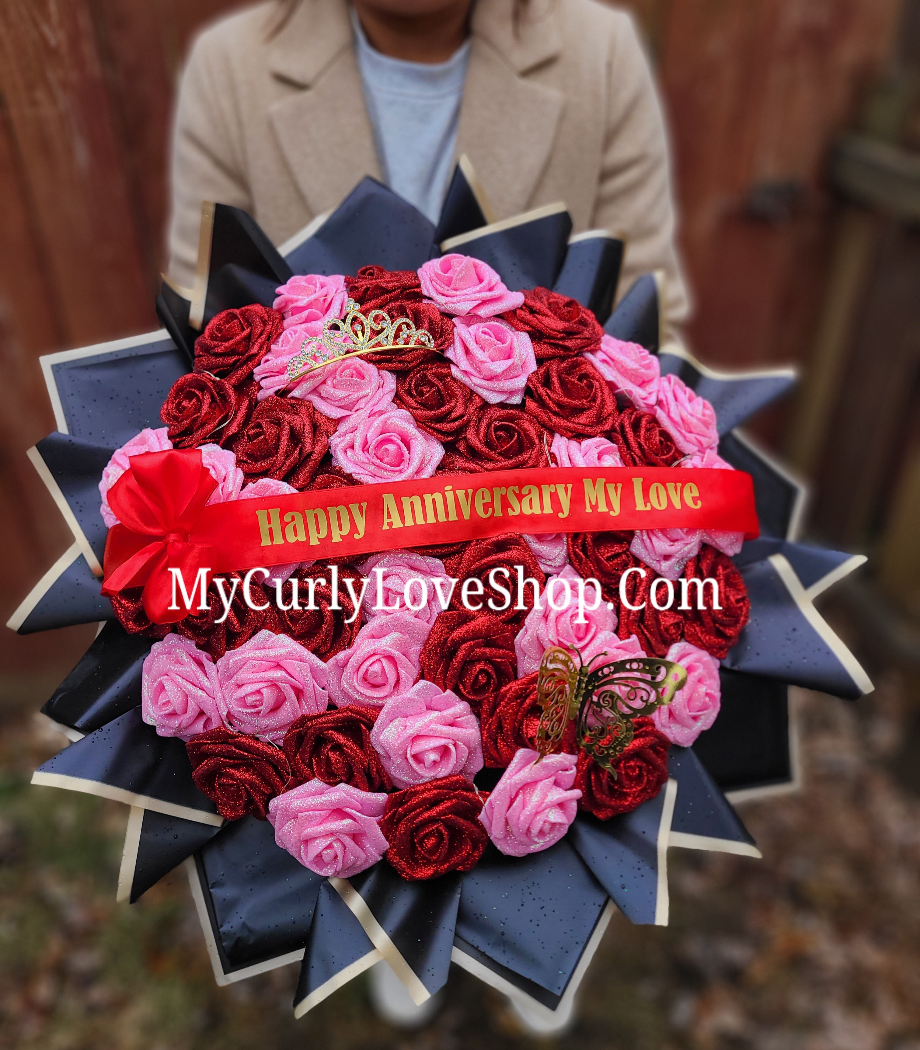 Red & Pink Glitter Roses Bouquet: Tiara and Butterfly Included (Tiara and Butterfly Shape Can Vary Depending on Availability) Banner and Lights are additional.