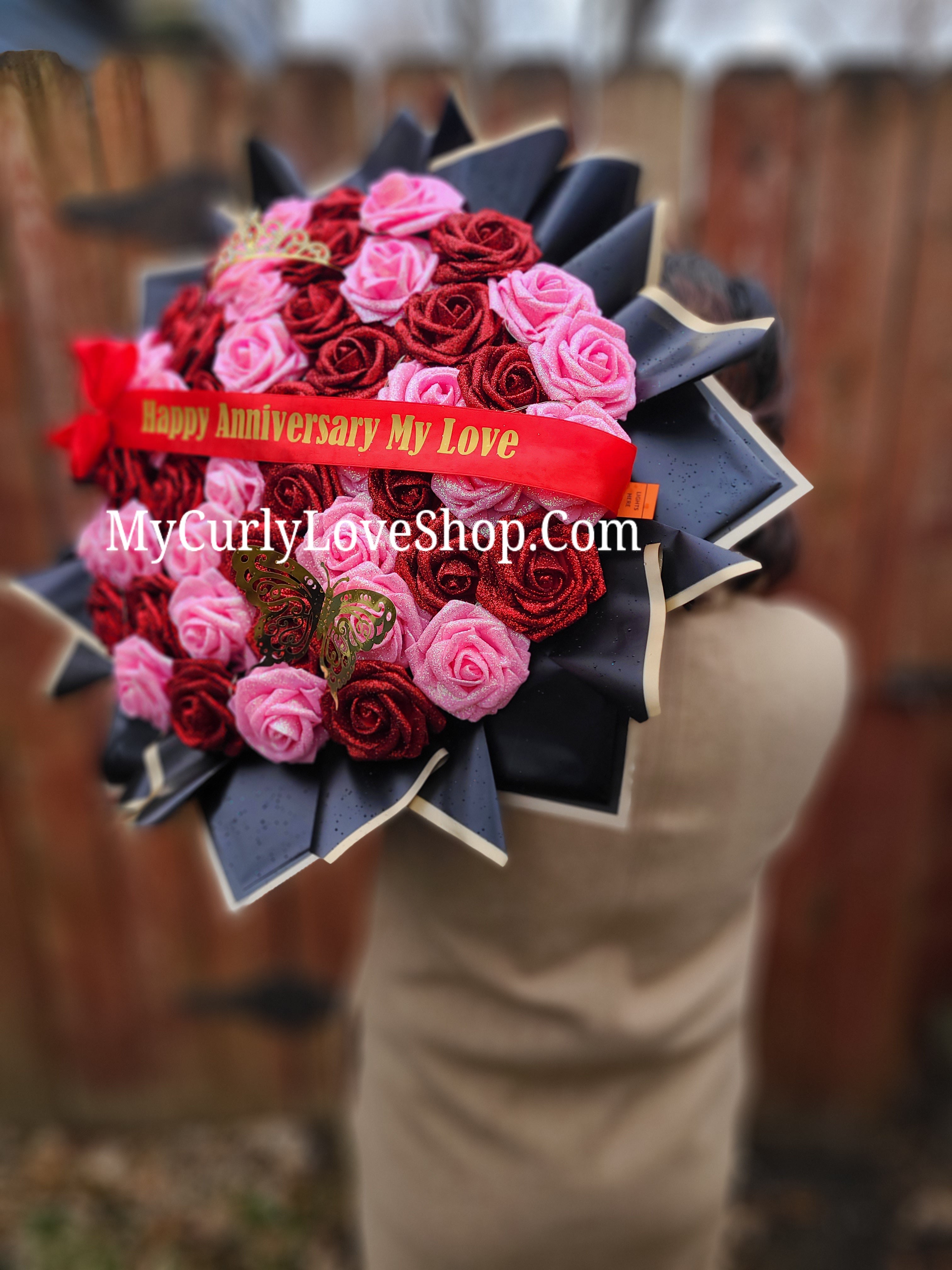 Red & Pink Glitter Roses Bouquet: Tiara and Butterfly Included (Tiara and Butterfly Shape Can Vary Depending on Availability) Banner and Lights are additional.