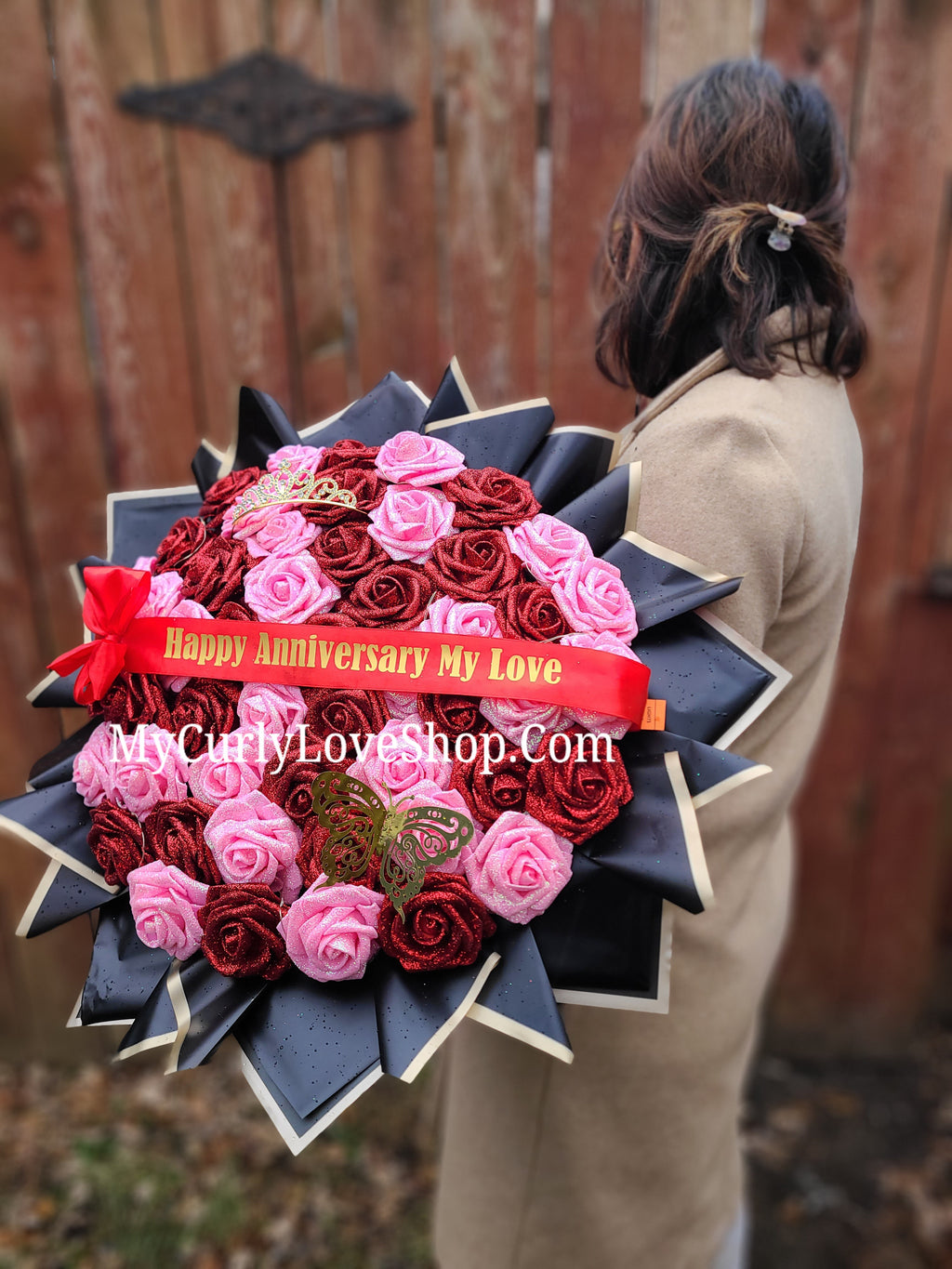 Red & Pink Glitter Roses Bouquet: Tiara and Butterfly Included (Tiara and Butterfly Shape Can Vary Depending on Availability) Banner and Lights are additional.