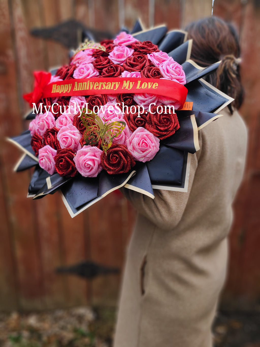 Red & Pink Glitter Roses Bouquet: Tiara and Butterfly Included (Tiara and Butterfly Shape Can Vary Depending on Availability) Banner and Lights are additional.