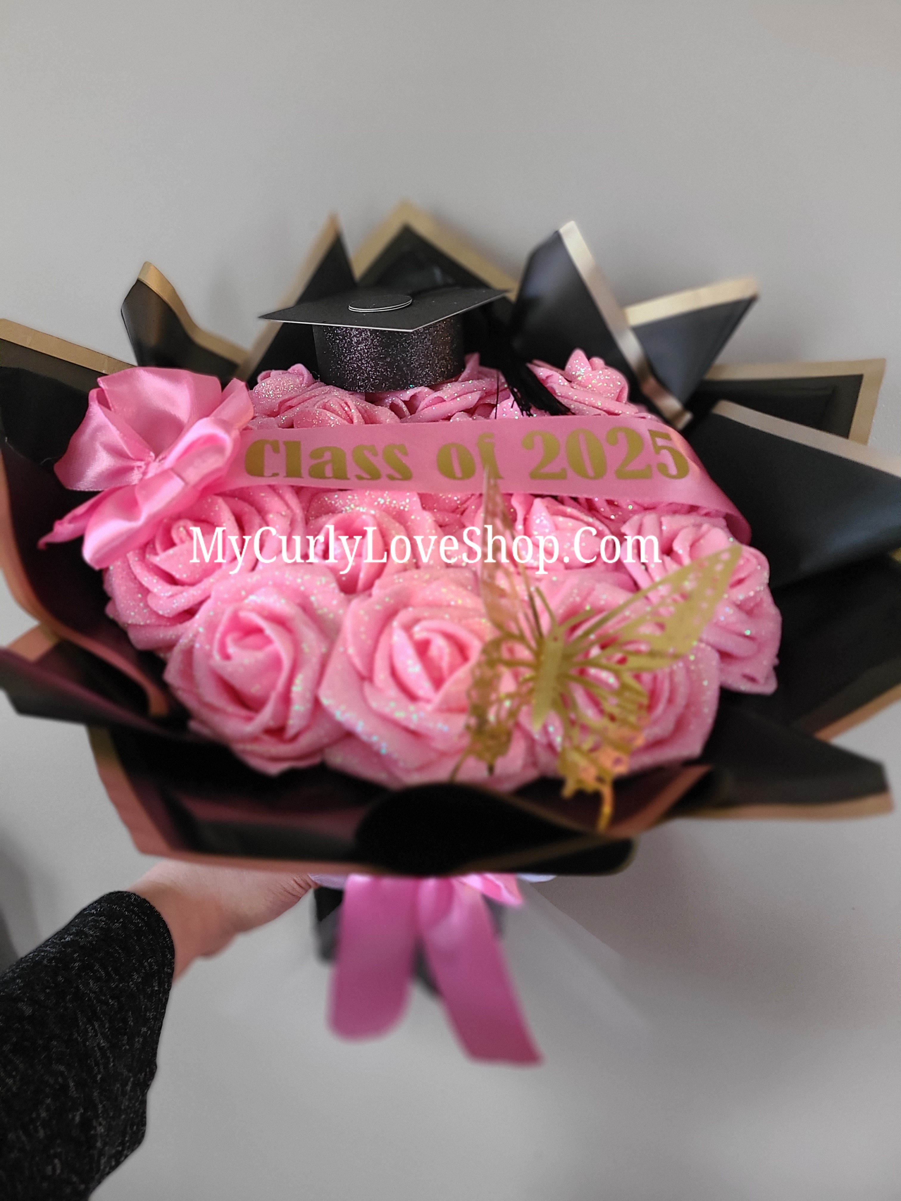 Glitter Roses Bouquet: Tiara and Butterfly Included (Tiara and Butterfly Shape Can Vary Depending on Availability) Banner and Lights are additional.