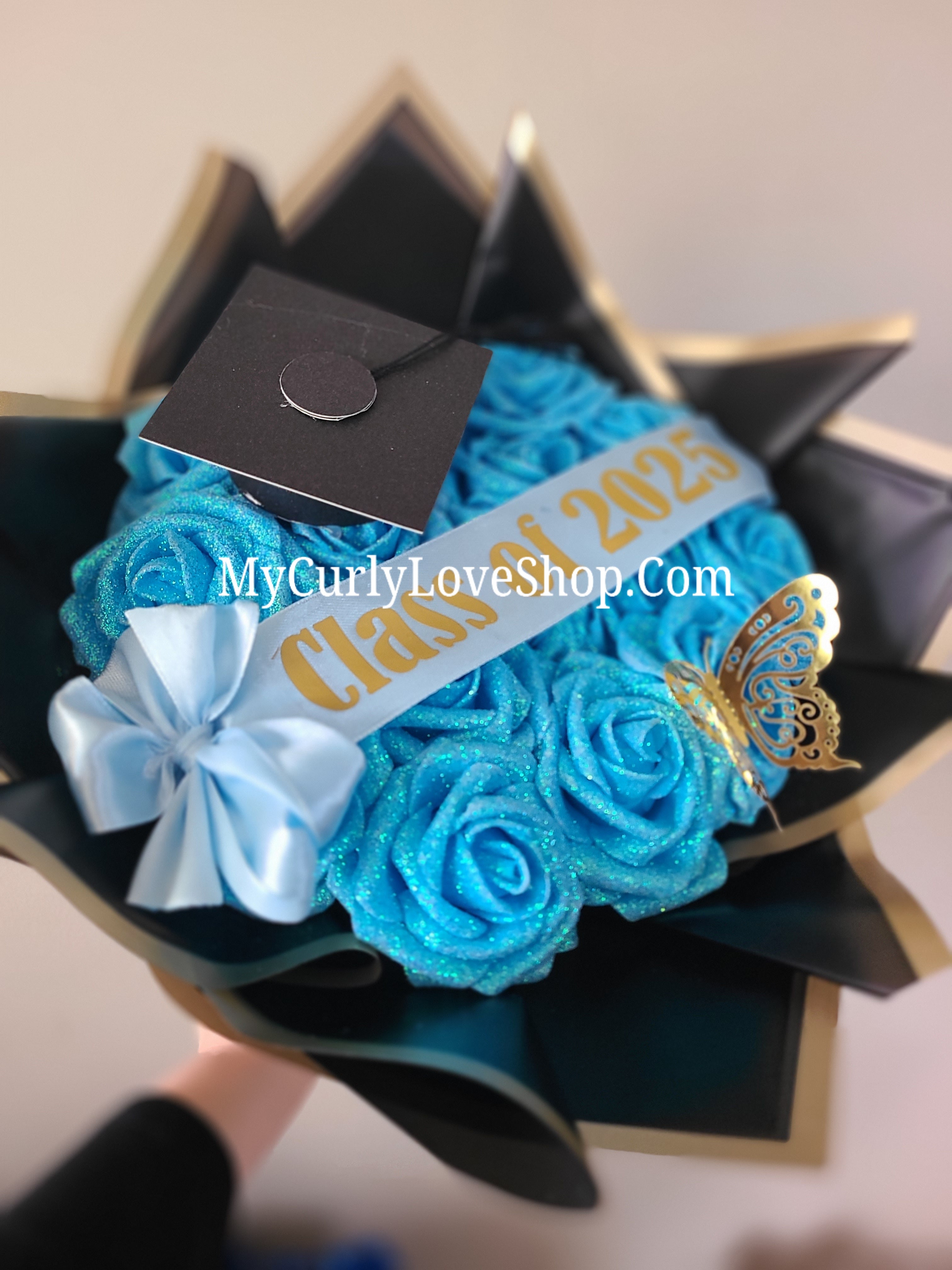 Glitter Roses Bouquet: Tiara and Butterfly Included (Tiara and Butterfly Shape Can Vary Depending on Availability) Banner and Lights are additional.