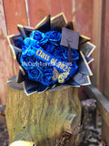 ROYAL BLUE Glitter Roses Bouquet: Graduation Cap or Tiara and Butterfly Included (Tiara and Butterfly Shape Can Vary Depending on Availability) Banner and Lights are additional.