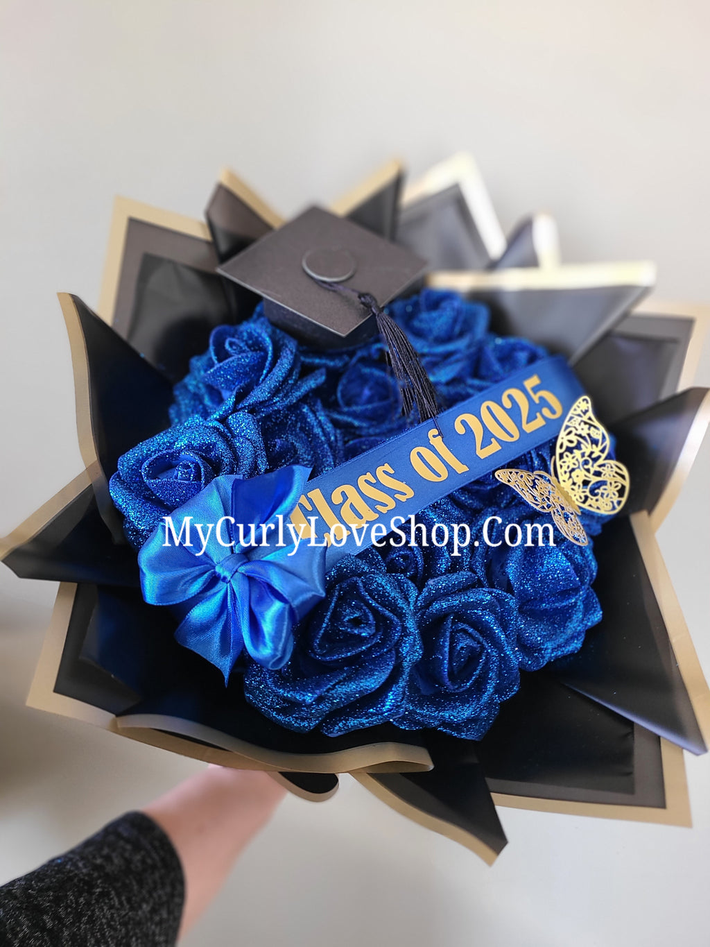 ROYAL BLUE Glitter Roses Bouquet: Graduation Cap or Tiara and Butterfly Included (Tiara and Butterfly Shape Can Vary Depending on Availability) Banner and Lights are additional.
