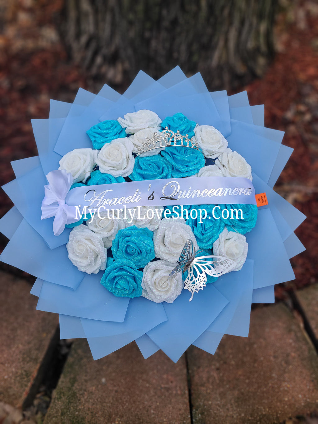 BLUE Glitter Roses Bouquet: Tiara and Butterfly Included (Tiara and Butterfly Shape Can Vary Depending on Availability) Banner and Lights are additional.