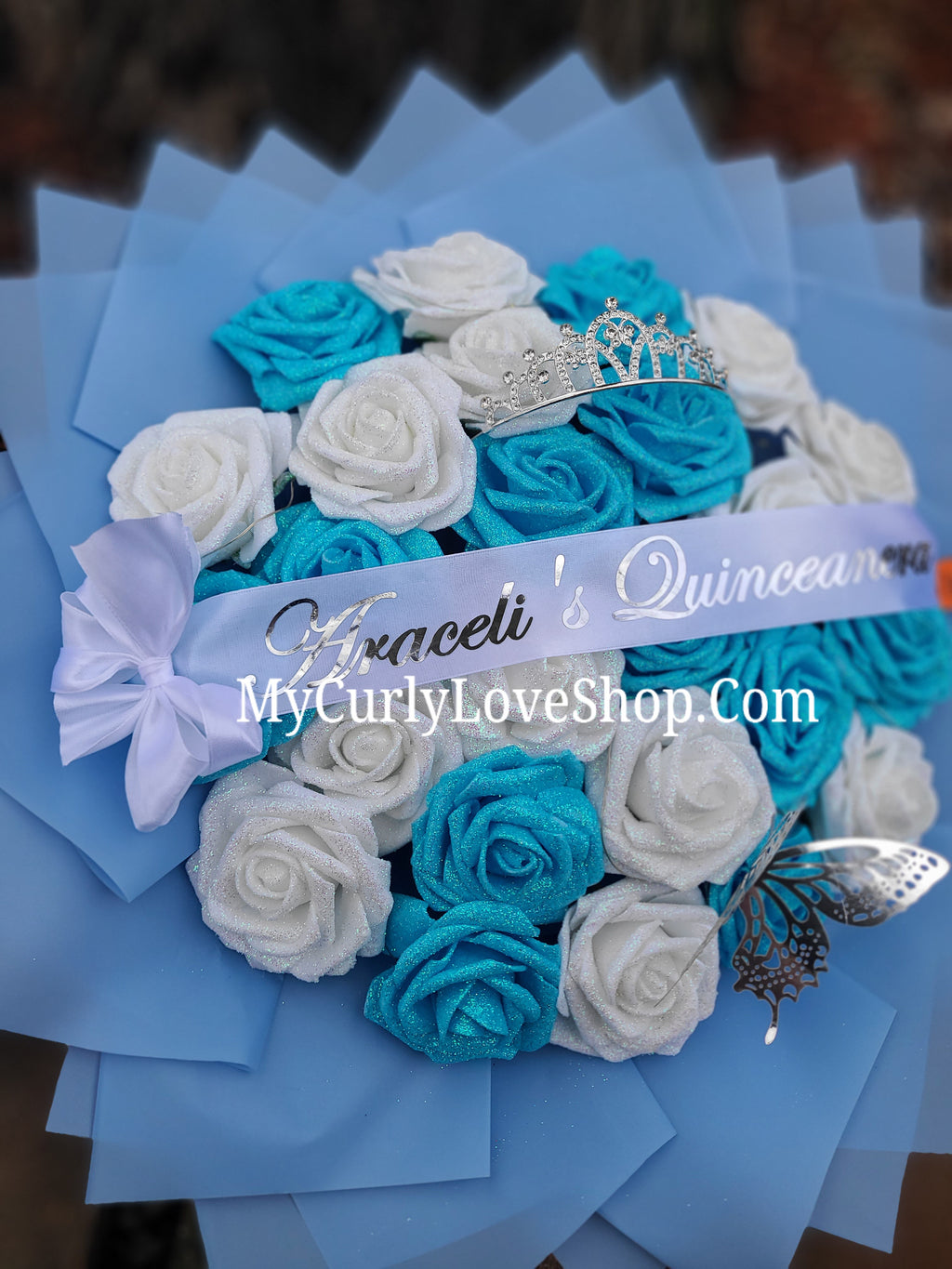 BLUE Glitter Roses Bouquet: Tiara and Butterfly Included (Tiara and Butterfly Shape Can Vary Depending on Availability) Banner and Lights are additional.