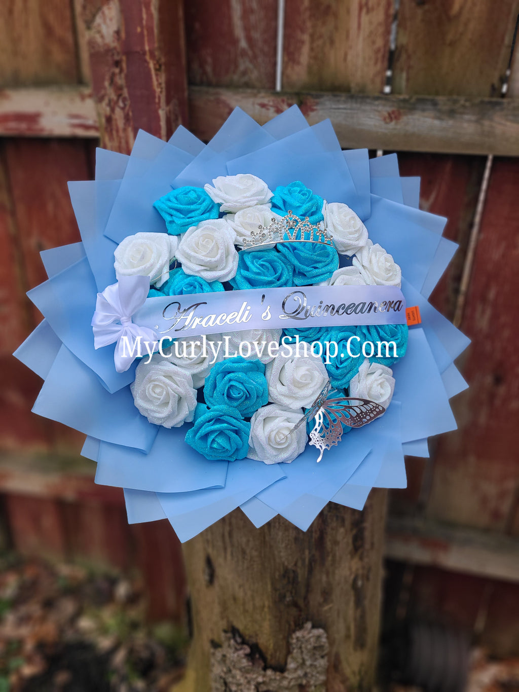BLUE Glitter Roses Bouquet: Tiara and Butterfly Included (Tiara and Butterfly Shape Can Vary Depending on Availability) Banner and Lights are additional.