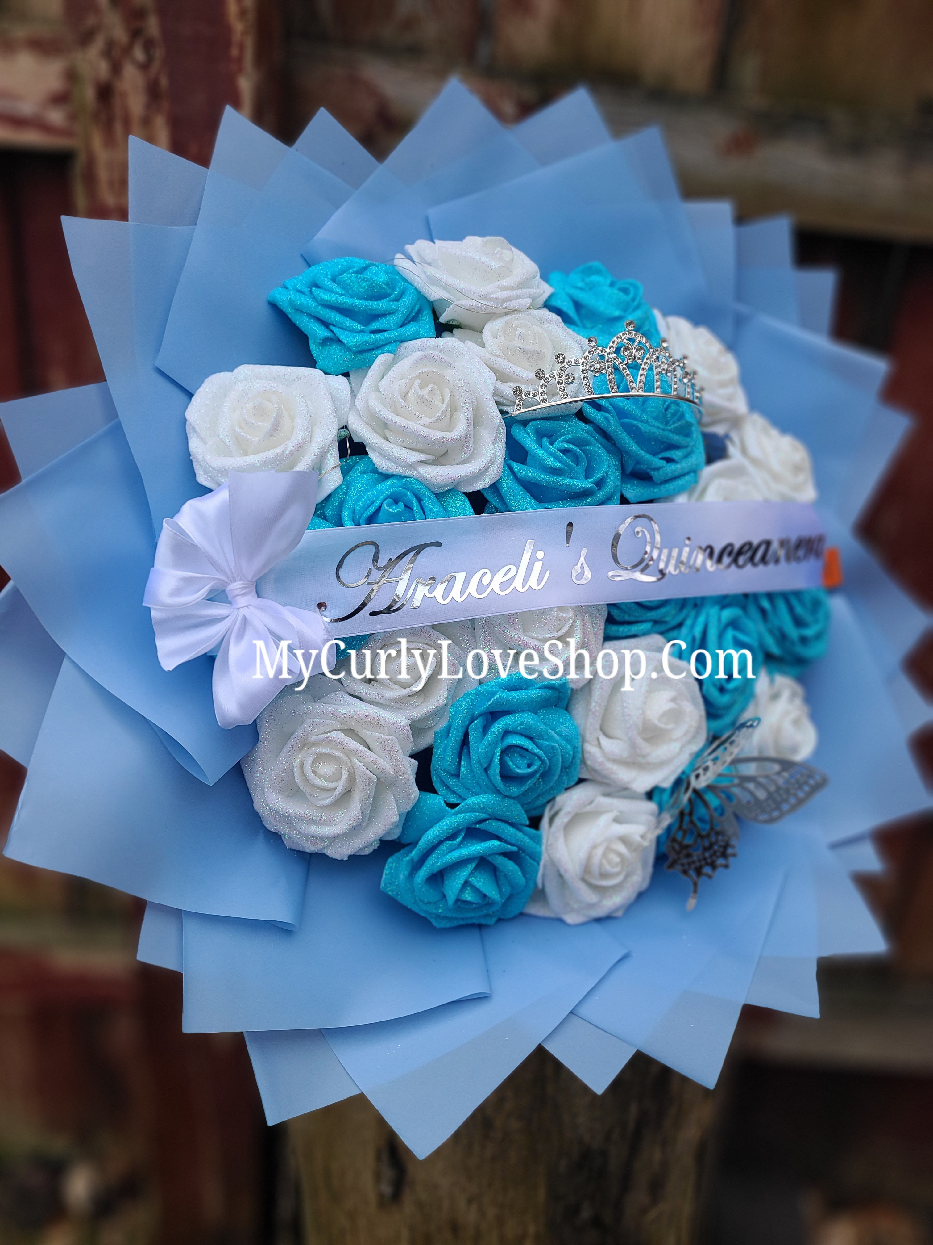 BLUE Glitter Roses Bouquet: Tiara and Butterfly Included (Tiara and Butterfly Shape Can Vary Depending on Availability) Banner and Lights are additional.