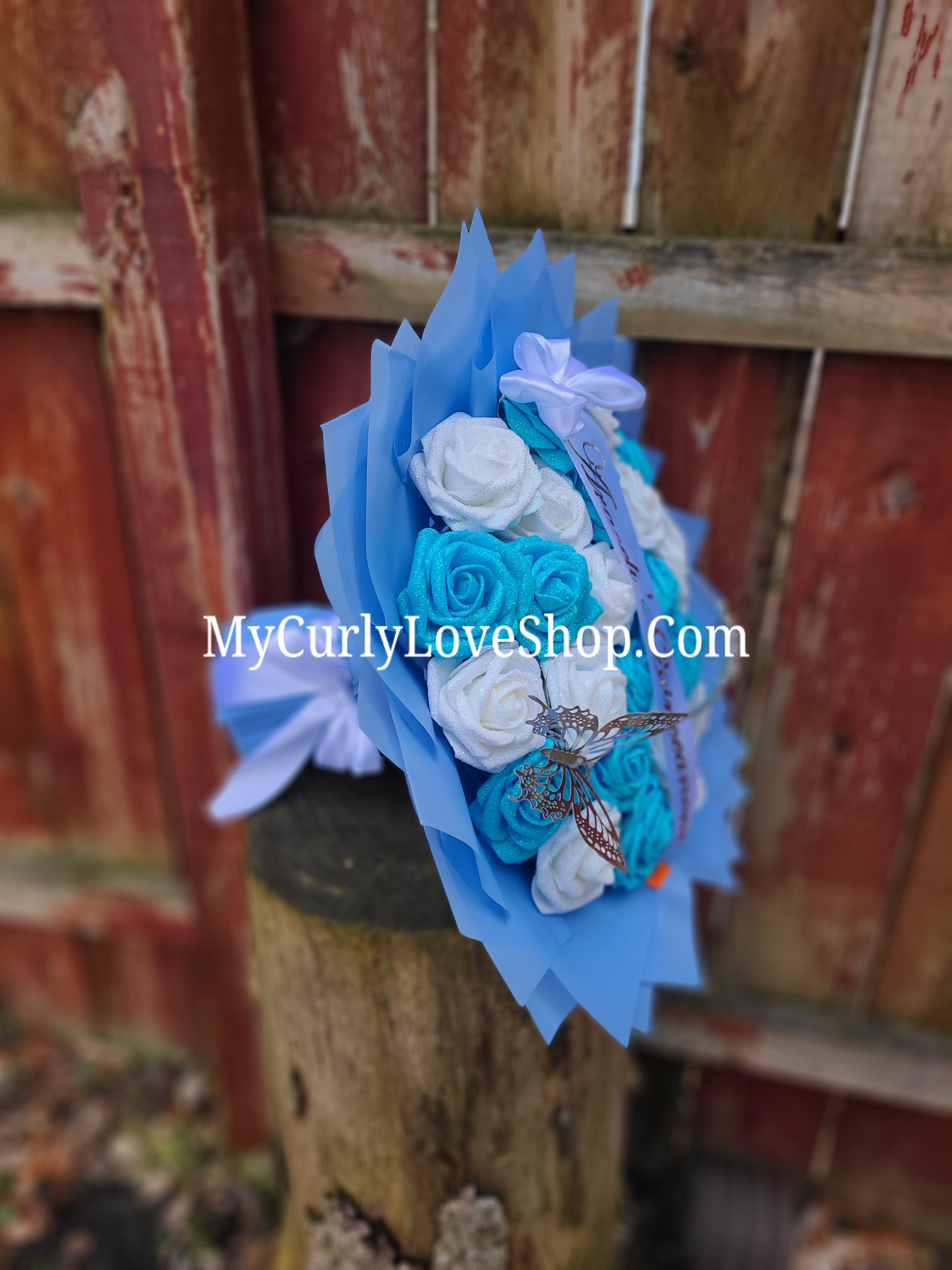 BLUE Glitter Roses Bouquet: Tiara and Butterfly Included (Tiara and Butterfly Shape Can Vary Depending on Availability) Banner and Lights are additional.