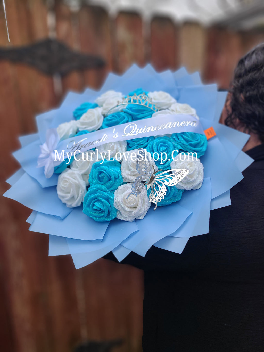 BLUE Glitter Roses Bouquet: Tiara and Butterfly Included (Tiara and Butterfly Shape Can Vary Depending on Availability) Banner and Lights are additional.