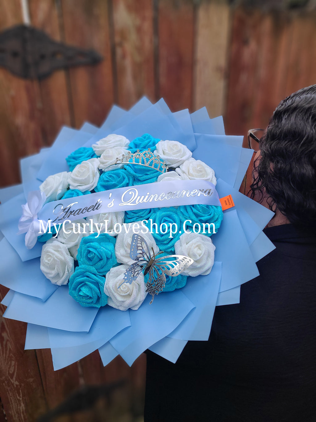 BLUE Glitter Roses Bouquet: Tiara and Butterfly Included (Tiara and Butterfly Shape Can Vary Depending on Availability) Banner and Lights are additional.