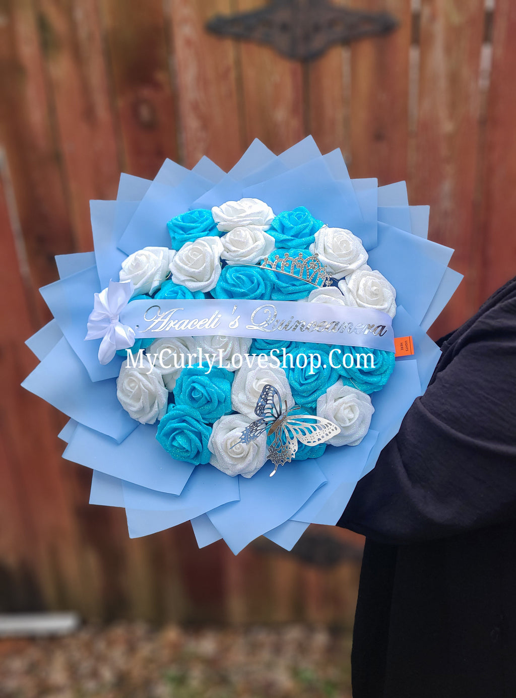 BLUE Glitter Roses Bouquet: Tiara and Butterfly Included (Tiara and Butterfly Shape Can Vary Depending on Availability) Banner and Lights are additional.