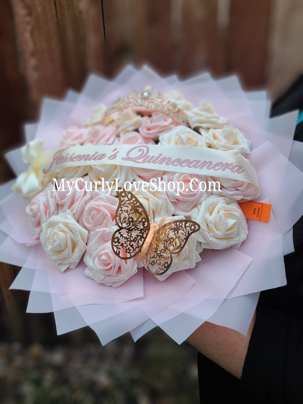 Blush Pink Glitter Roses Bouquet: Tiara and Butterfly Included (Tiara and Butterfly Shape Can Vary Depending on Availability) Banner and Lights are additional.