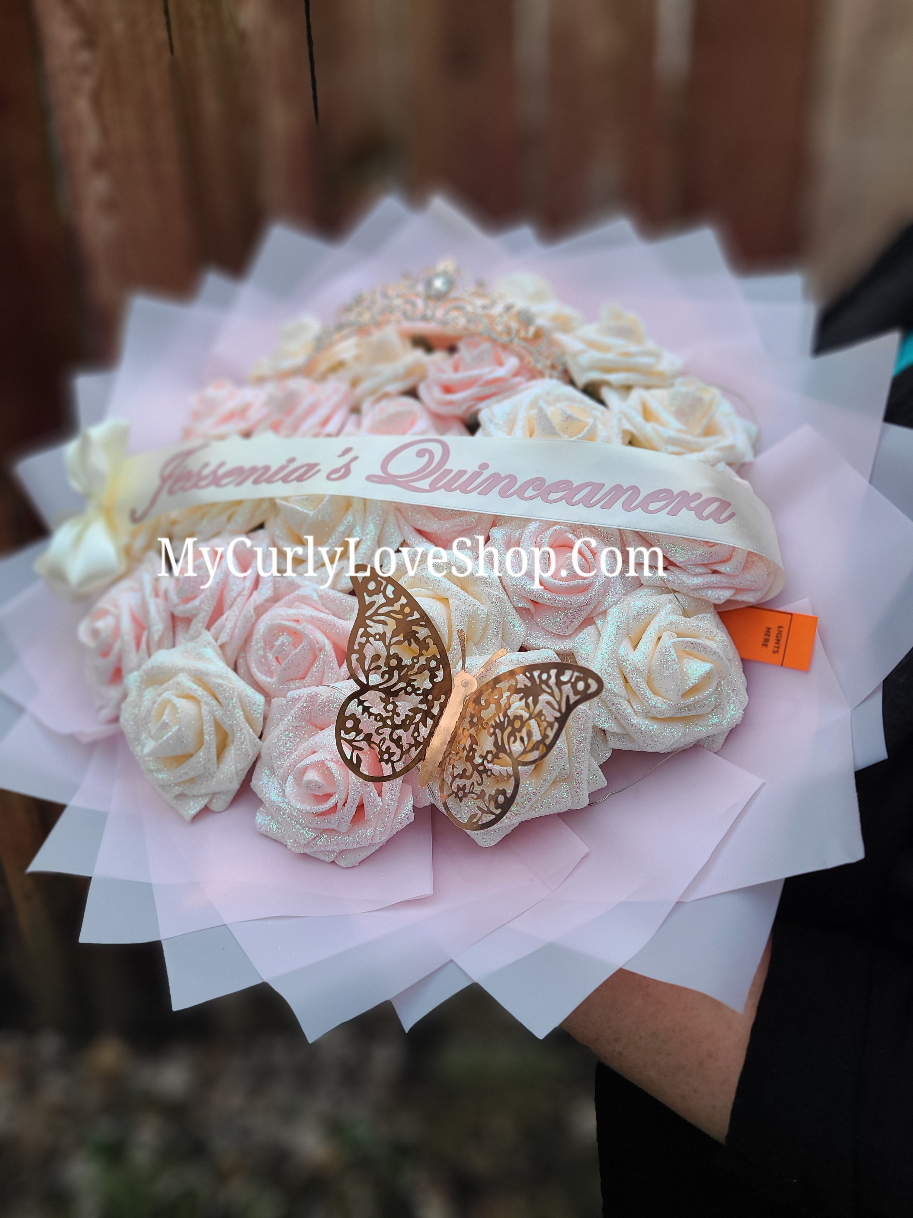 Blush Pink Glitter Roses Bouquet: Tiara and Butterfly Included (Tiara and Butterfly Shape Can Vary Depending on Availability) Banner and Lights are additional.