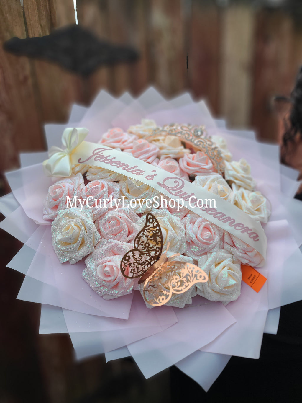 Blush Pink Glitter Roses Bouquet: Tiara and Butterfly Included (Tiara and Butterfly Shape Can Vary Depending on Availability) Banner and Lights are additional.