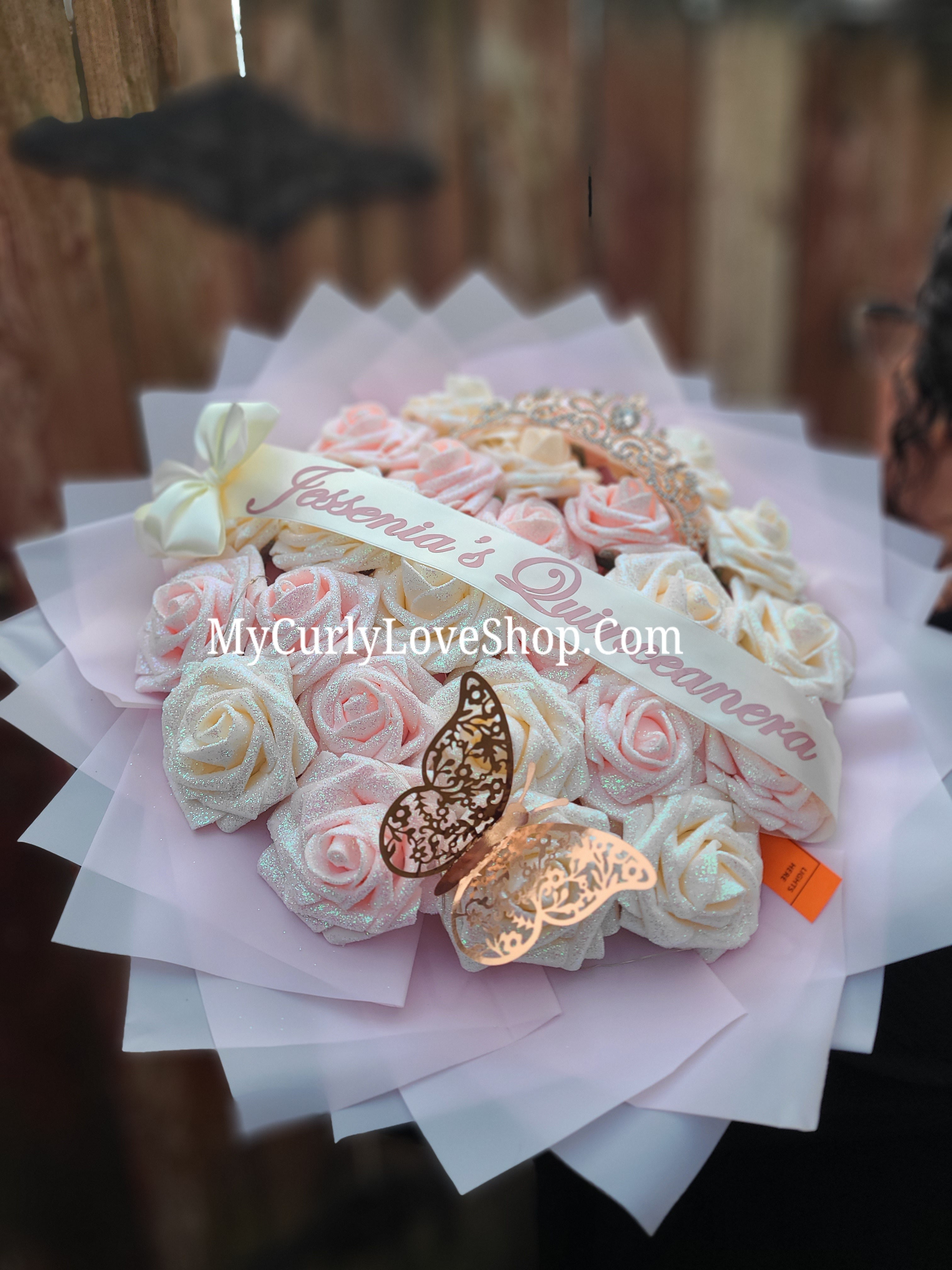 Blush Pink Glitter Roses Bouquet: Tiara and Butterfly Included (Tiara and Butterfly Shape Can Vary Depending on Availability) Banner and Lights are additional.