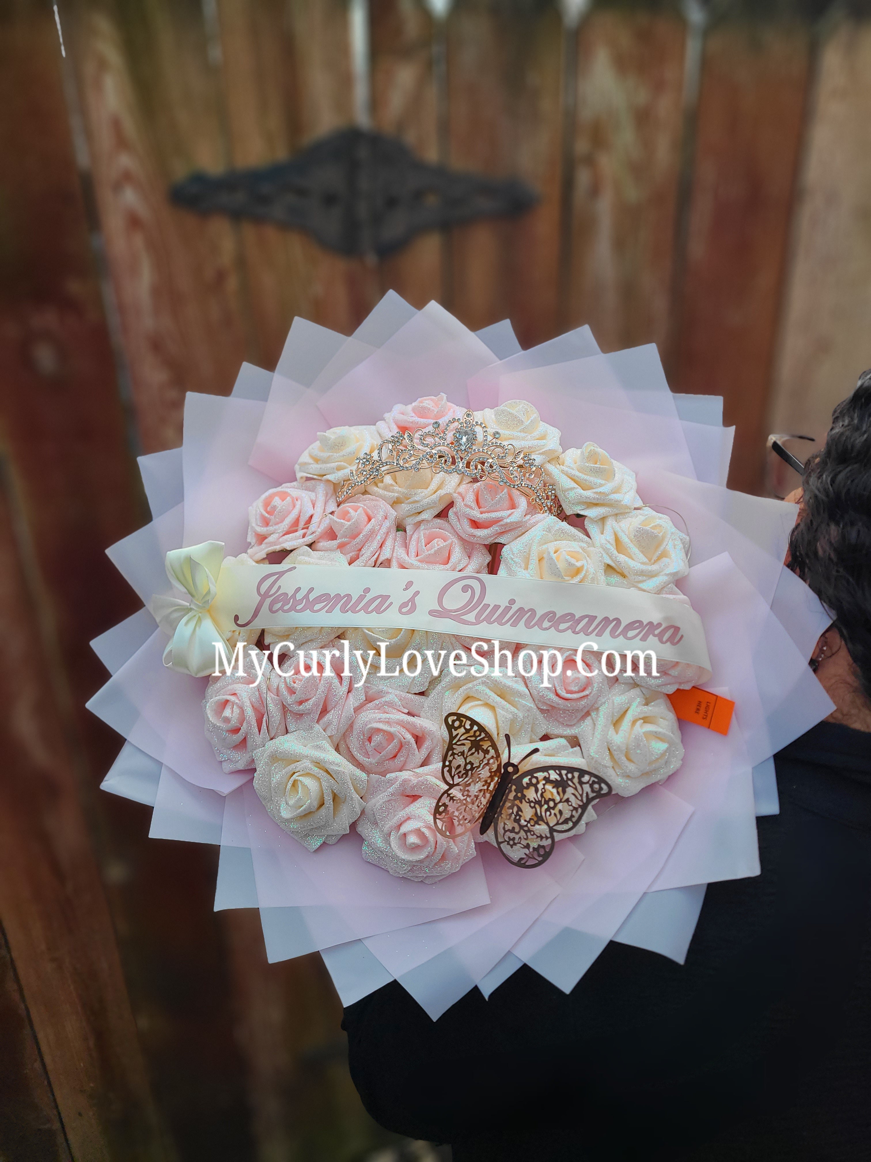 Blush Pink Glitter Roses Bouquet: Tiara and Butterfly Included (Tiara and Butterfly Shape Can Vary Depending on Availability) Banner and Lights are additional.