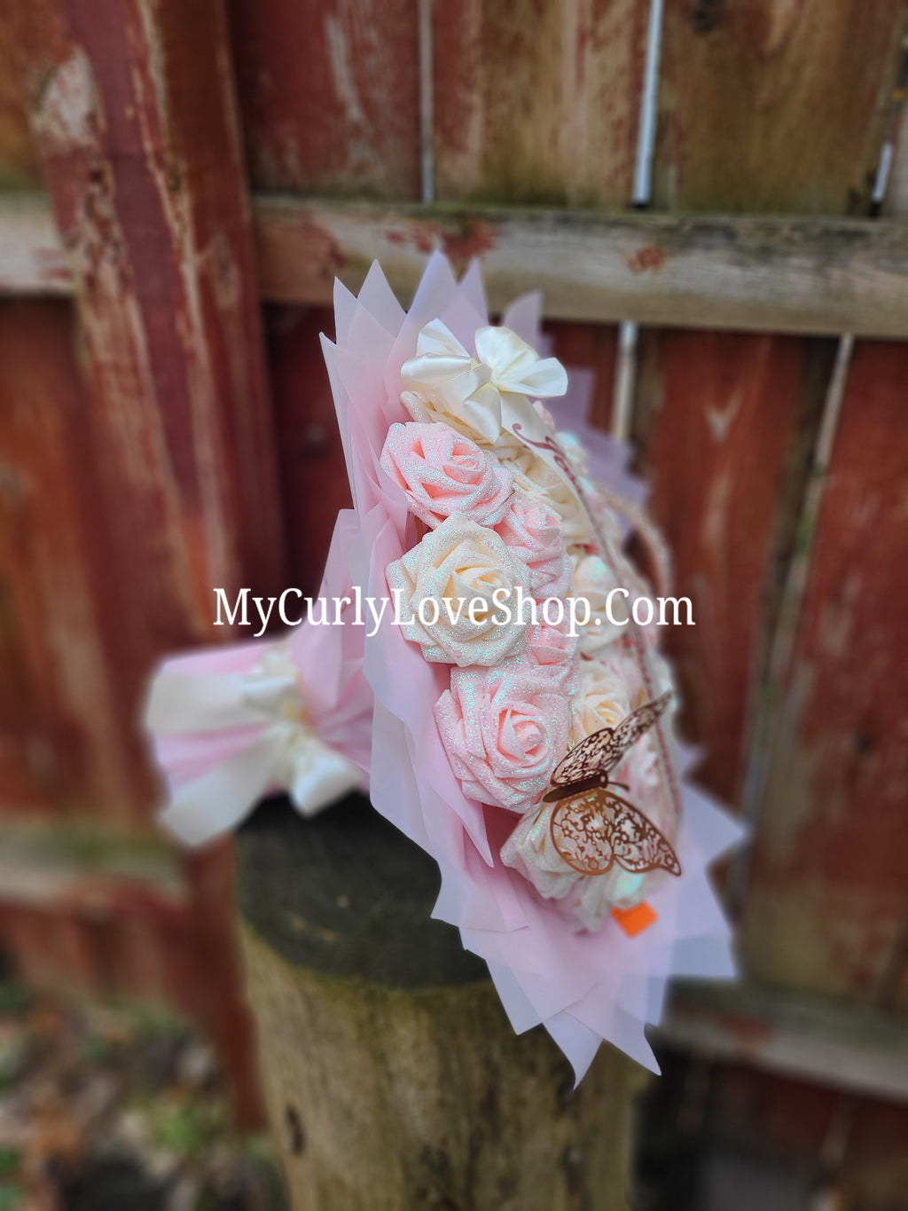 Blush Pink Glitter Roses Bouquet: Tiara and Butterfly Included (Tiara and Butterfly Shape Can Vary Depending on Availability) Banner and Lights are additional.