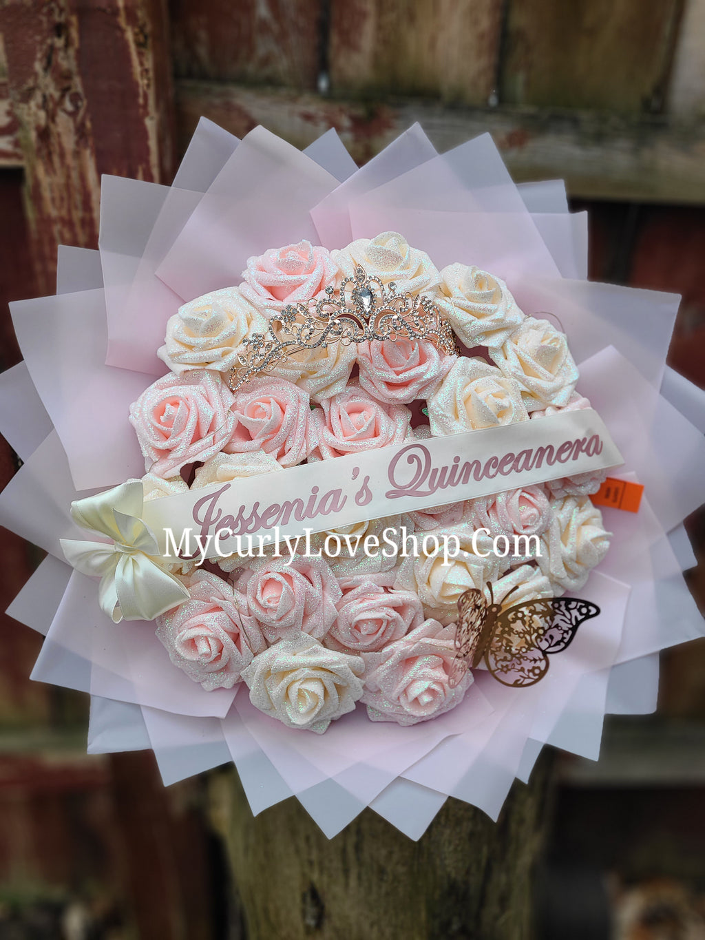 Blush Pink Glitter Roses Bouquet: Tiara and Butterfly Included (Tiara and Butterfly Shape Can Vary Depending on Availability) Banner and Lights are additional.