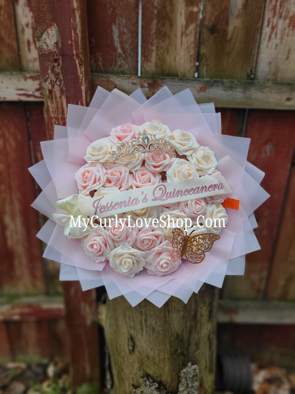 Blush Pink Glitter Roses Bouquet: Tiara and Butterfly Included (Tiara and Butterfly Shape Can Vary Depending on Availability) Banner and Lights are additional.