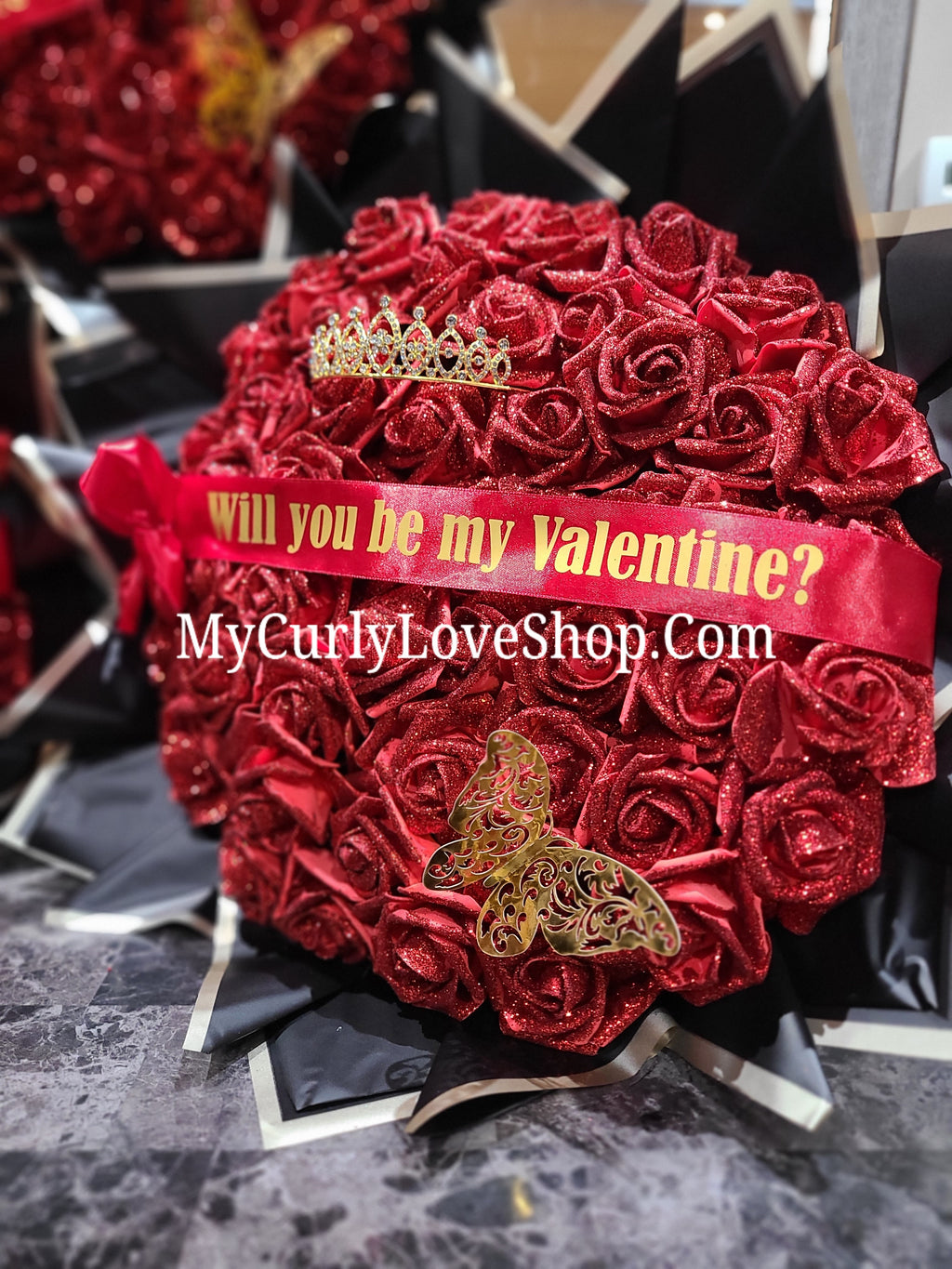 Glitter Roses Bouquet: Tiara and Butterfly Included (Tiara and Butterfly Shape Can Vary Depending on Availability) Banner and Lights are additional.