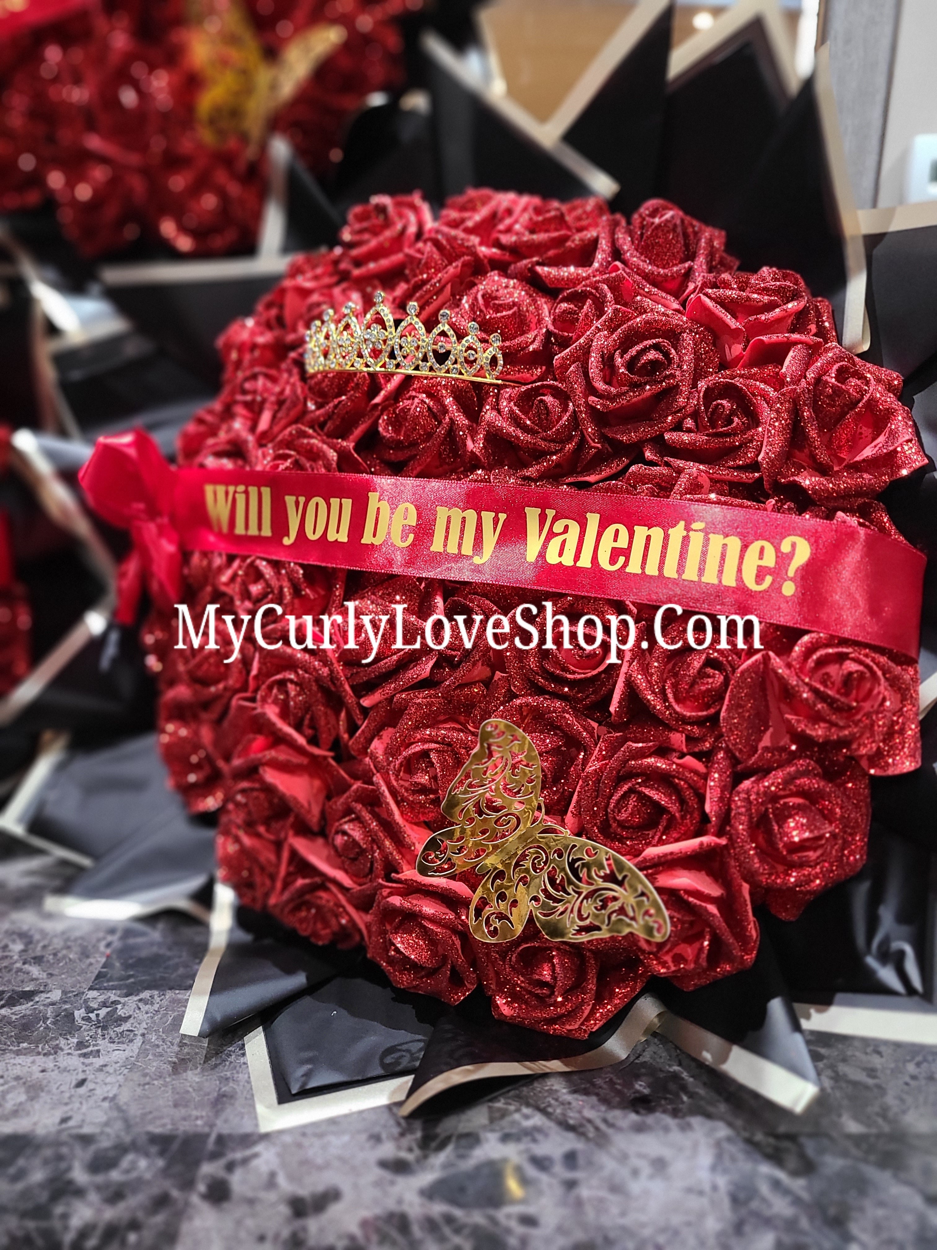 Glitter Roses Bouquet: Tiara and Butterfly Included (Tiara and Butterfly Shape Can Vary Depending on Availability) Banner and Lights are additional.