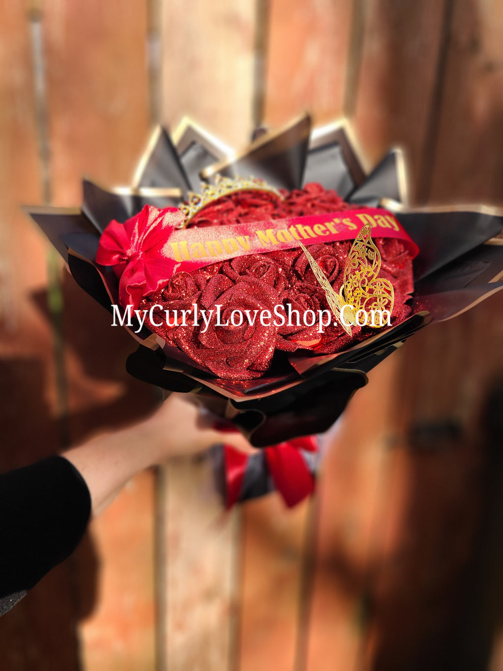 Glitter Roses Bouquet: Tiara and Butterfly Included (Tiara and Butterfly Shape Can Vary Depending on Availability) Banner and Lights are additional.