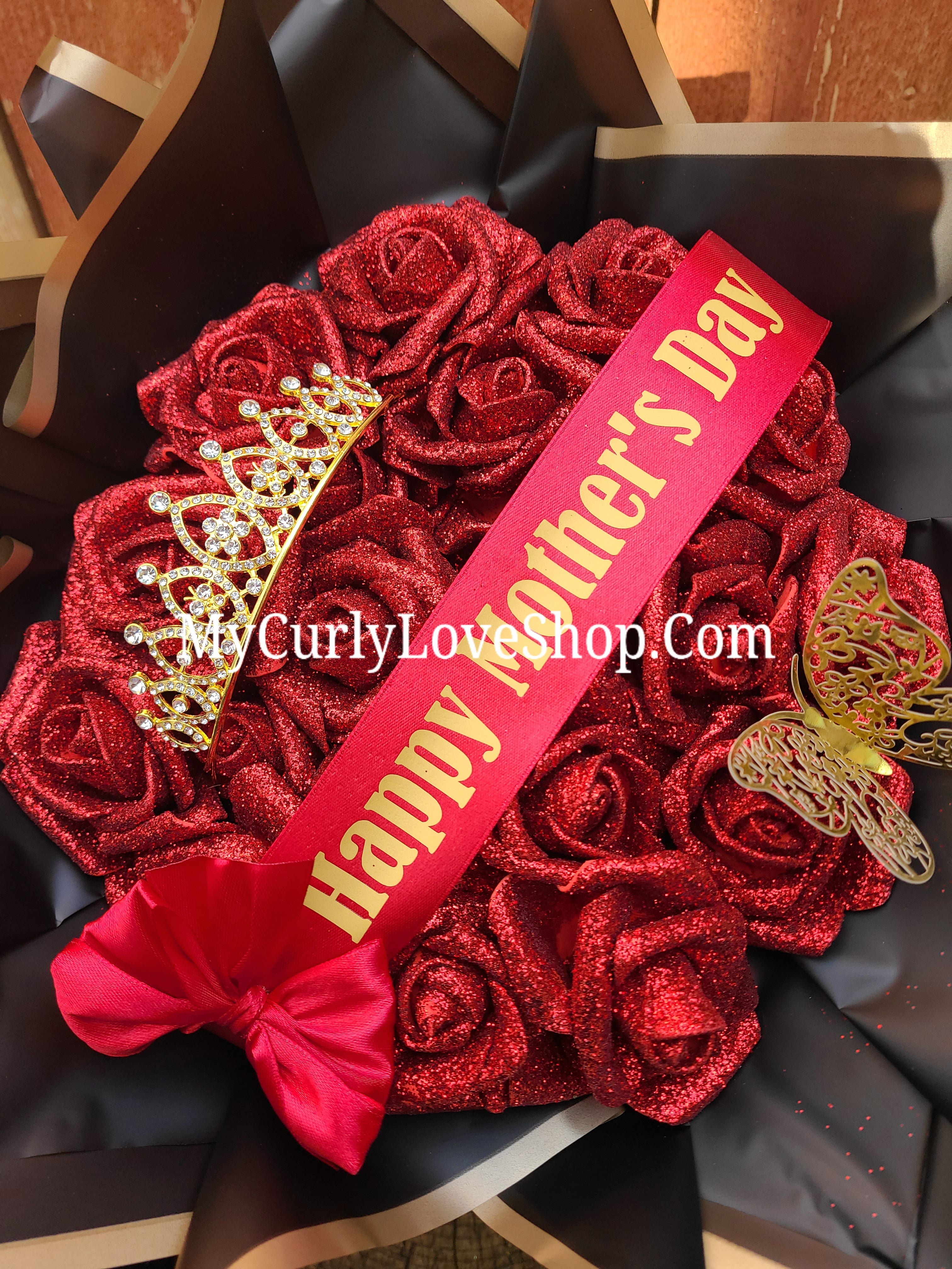Glitter Roses Bouquet: Tiara and Butterfly Included (Tiara and Butterfly Shape Can Vary Depending on Availability) Banner and Lights are additional.