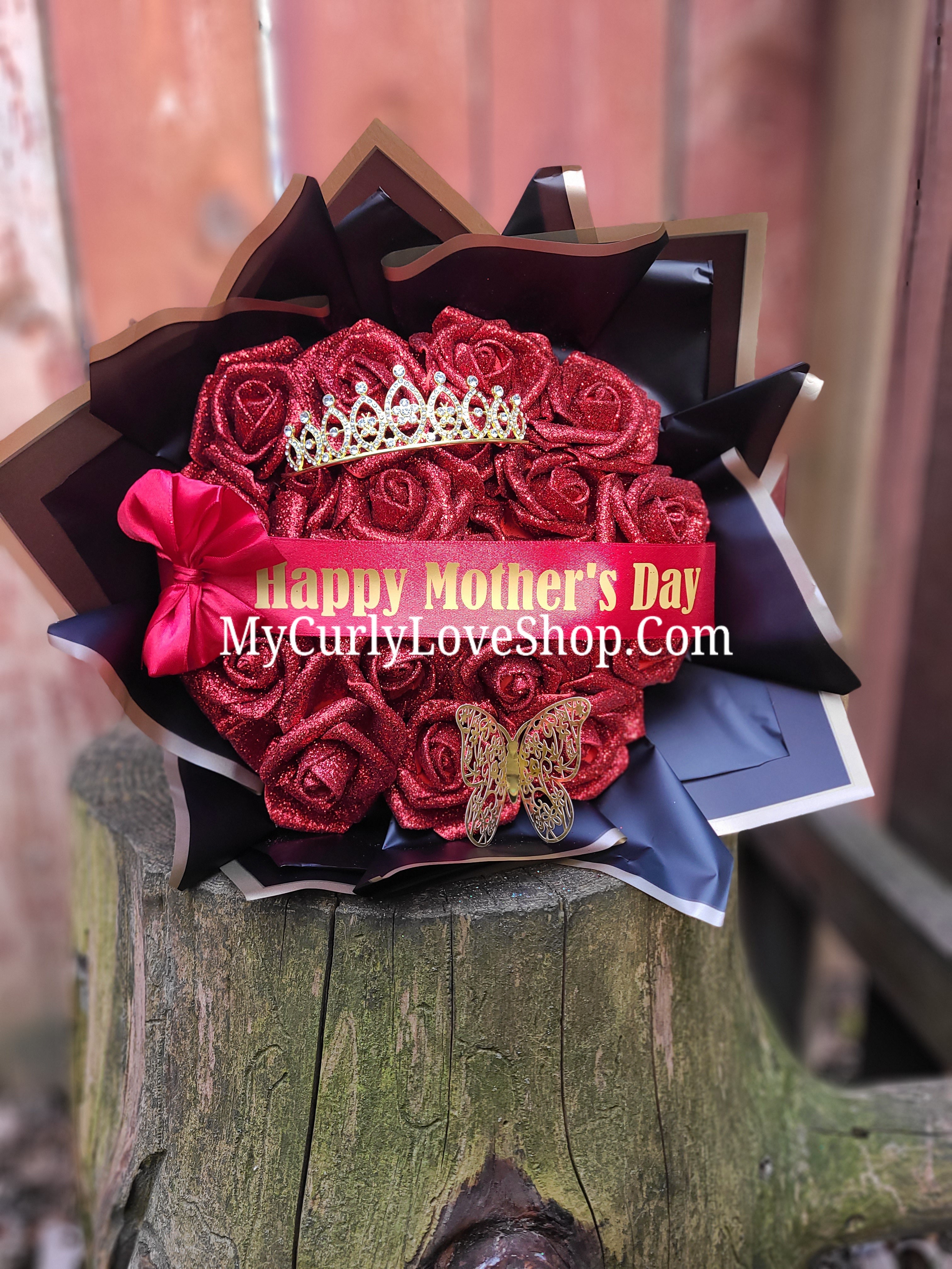 Glitter Roses Bouquet: Tiara and Butterfly Included (Tiara and Butterfly Shape Can Vary Depending on Availability) Banner and Lights are additional.