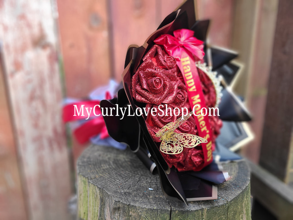 Glitter Roses Bouquet: Tiara and Butterfly Included (Tiara and Butterfly Shape Can Vary Depending on Availability) Banner and Lights are additional.