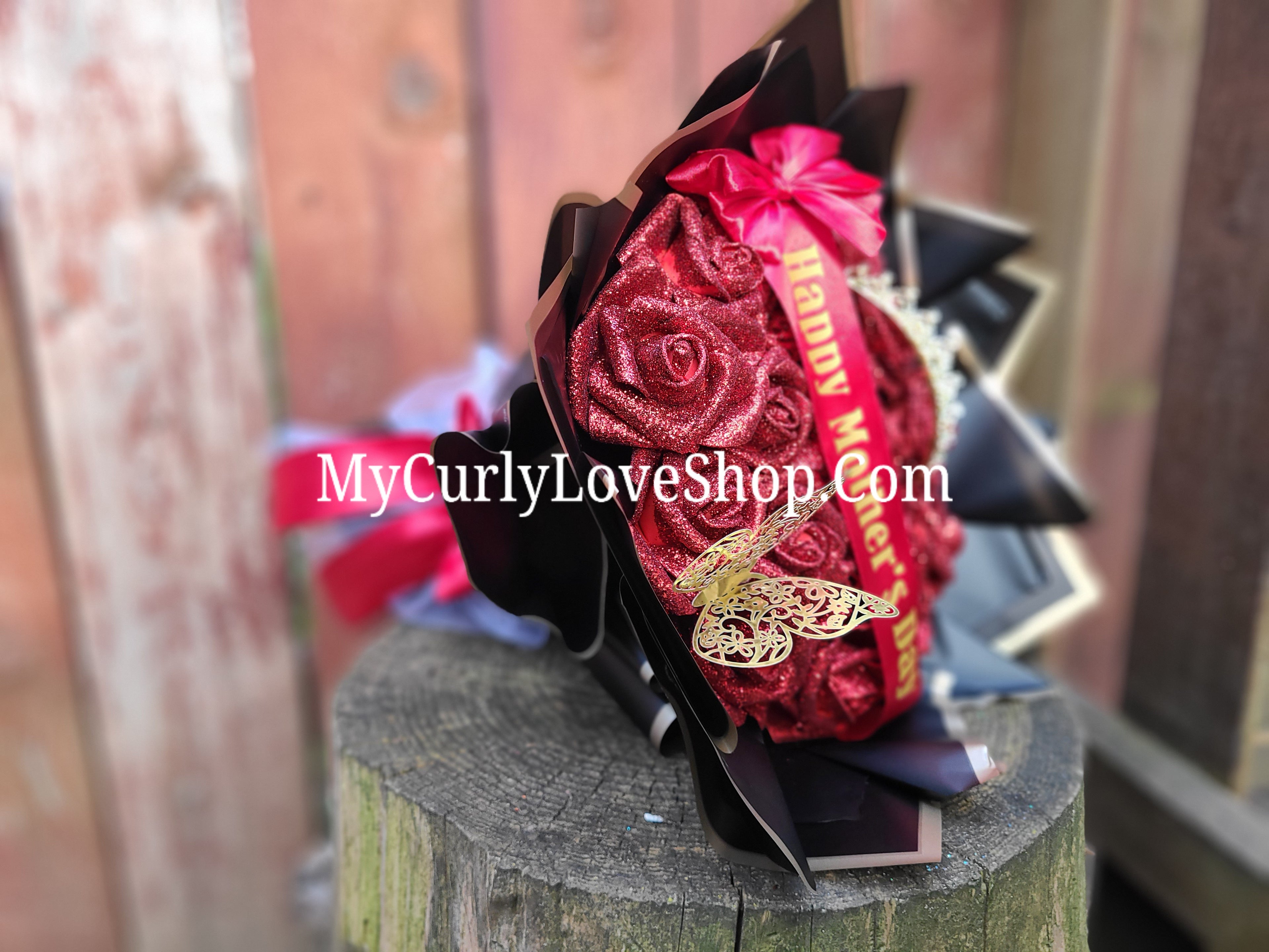 Glitter Roses Bouquet: Tiara and Butterfly Included (Tiara and Butterfly Shape Can Vary Depending on Availability) Banner and Lights are additional.