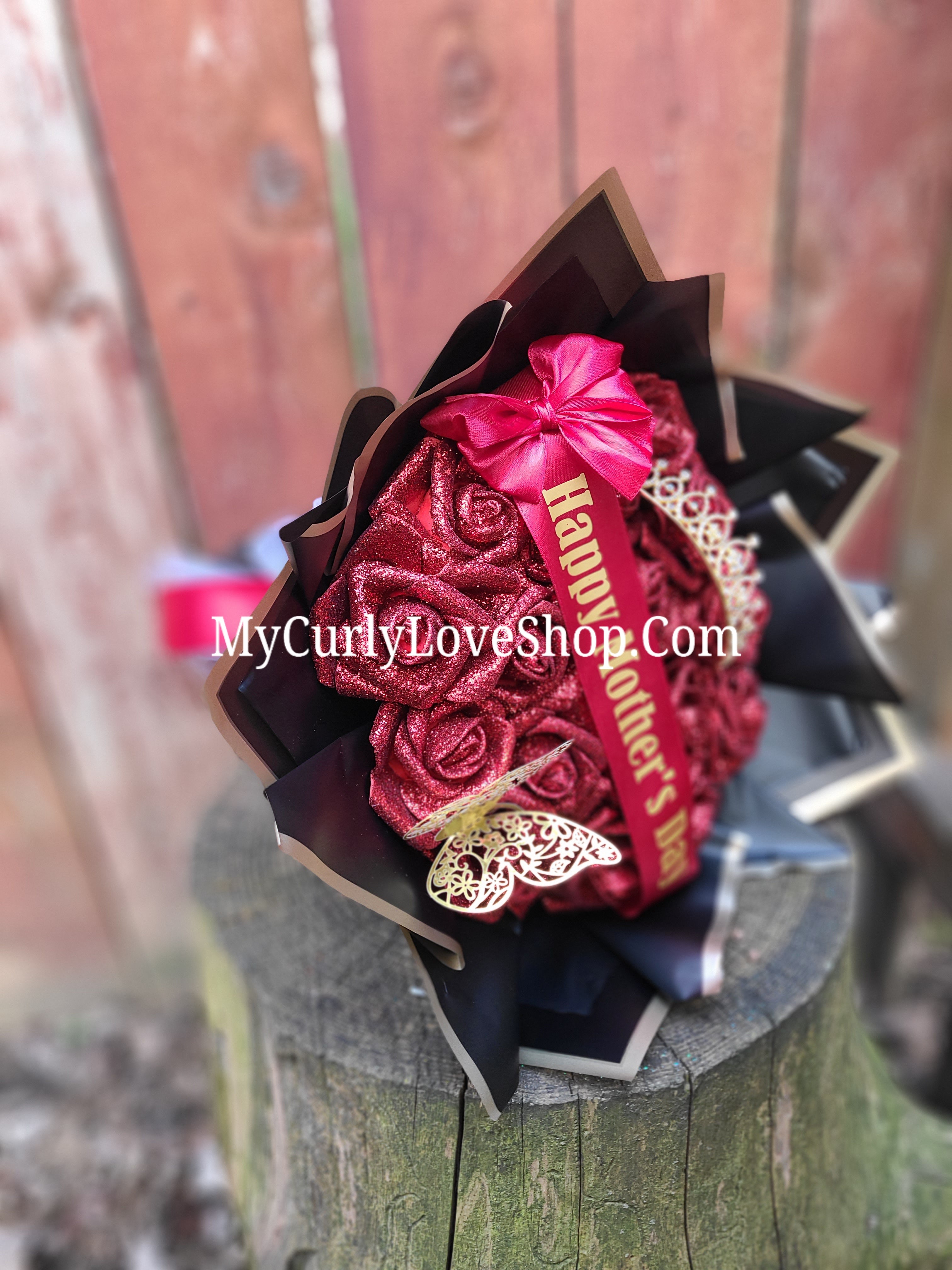 Glitter Roses Bouquet: Tiara and Butterfly Included (Tiara and Butterfly Shape Can Vary Depending on Availability) Banner and Lights are additional.
