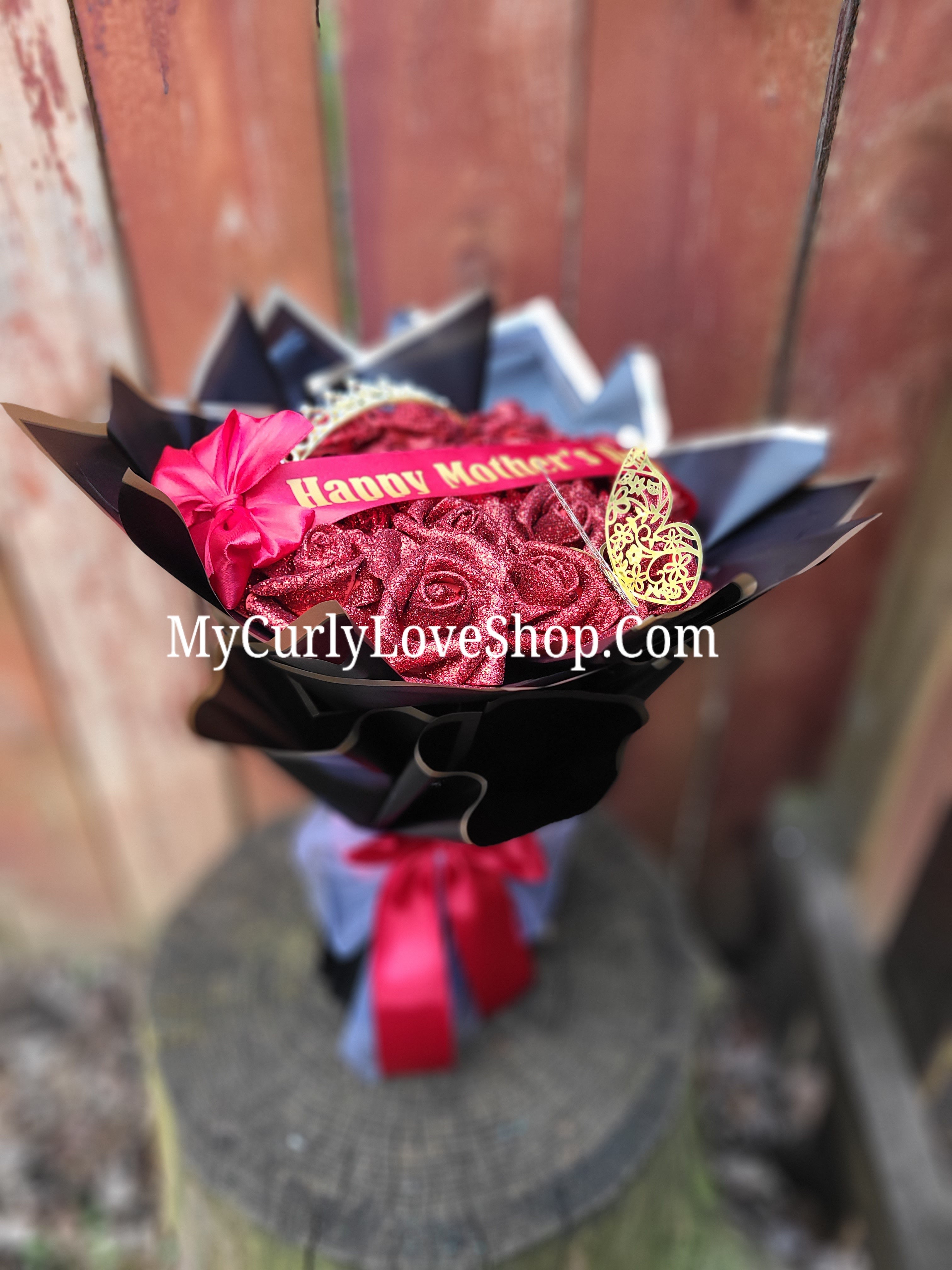Glitter Roses Bouquet: Tiara and Butterfly Included (Tiara and Butterfly Shape Can Vary Depending on Availability) Banner and Lights are additional.