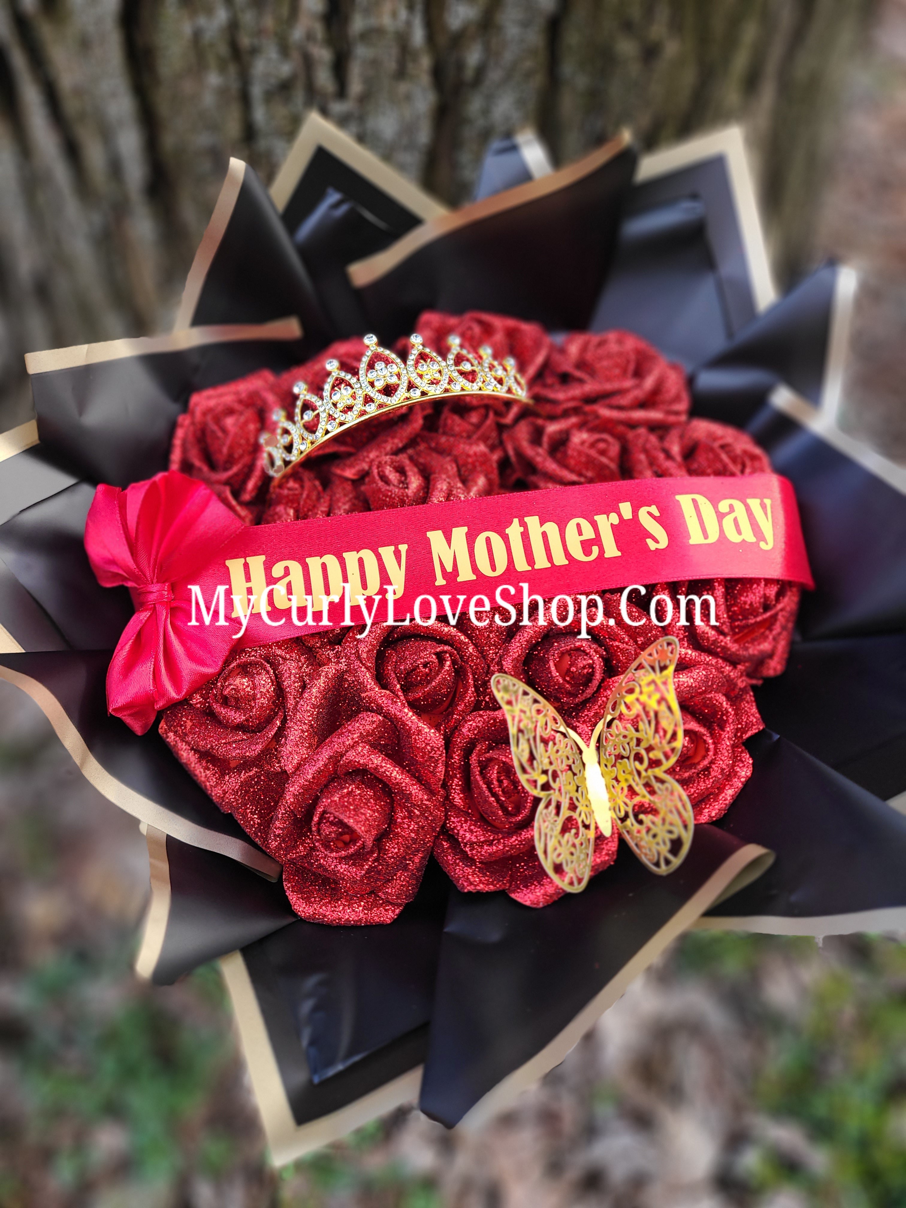 Glitter Roses Bouquet: Tiara and Butterfly Included (Tiara and Butterfly Shape Can Vary Depending on Availability) Banner and Lights are additional.