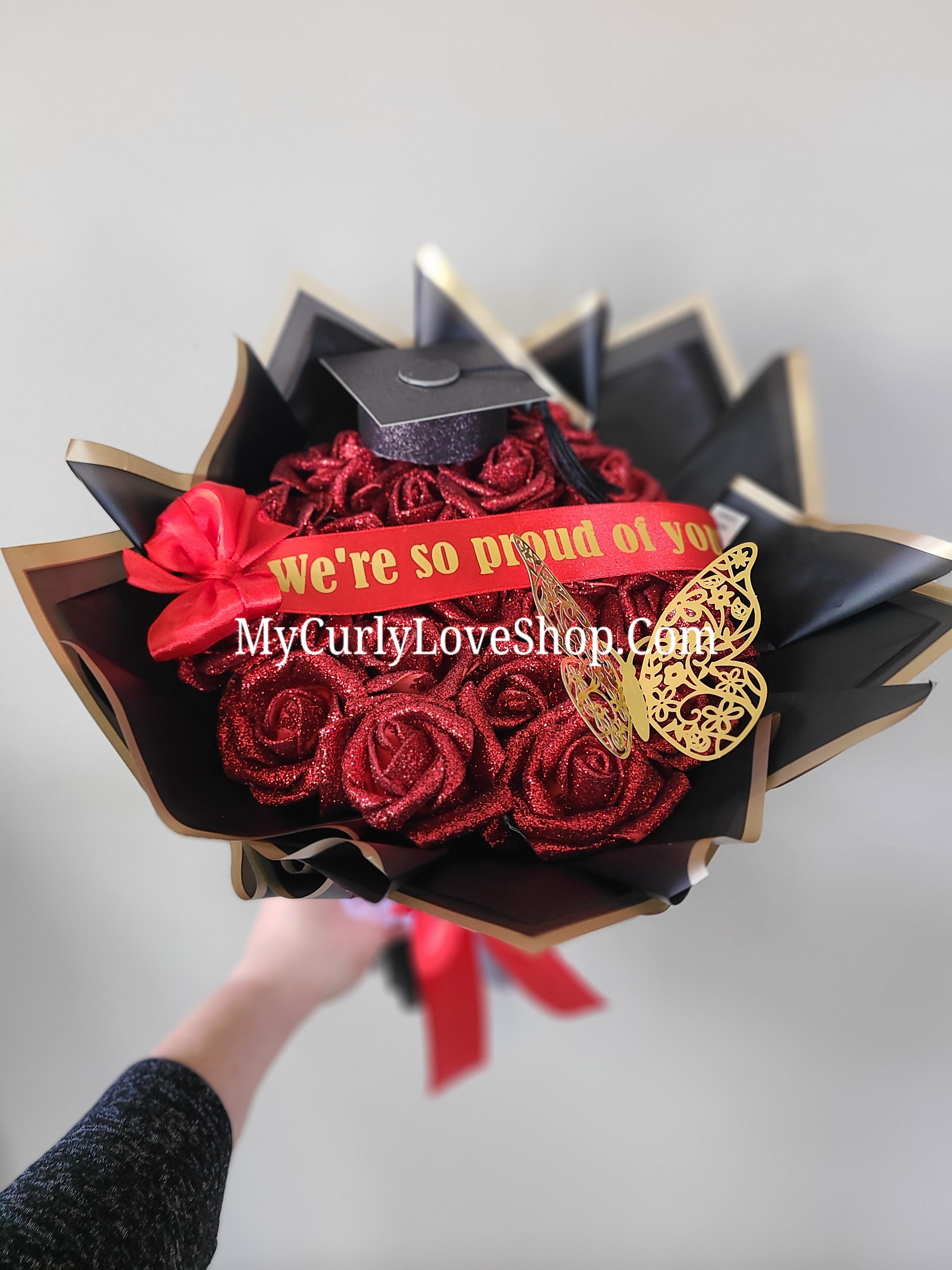 Glitter Roses Bouquet: Tiara and Butterfly Included (Tiara and Butterfly Shape Can Vary Depending on Availability) Banner and Lights are additional.