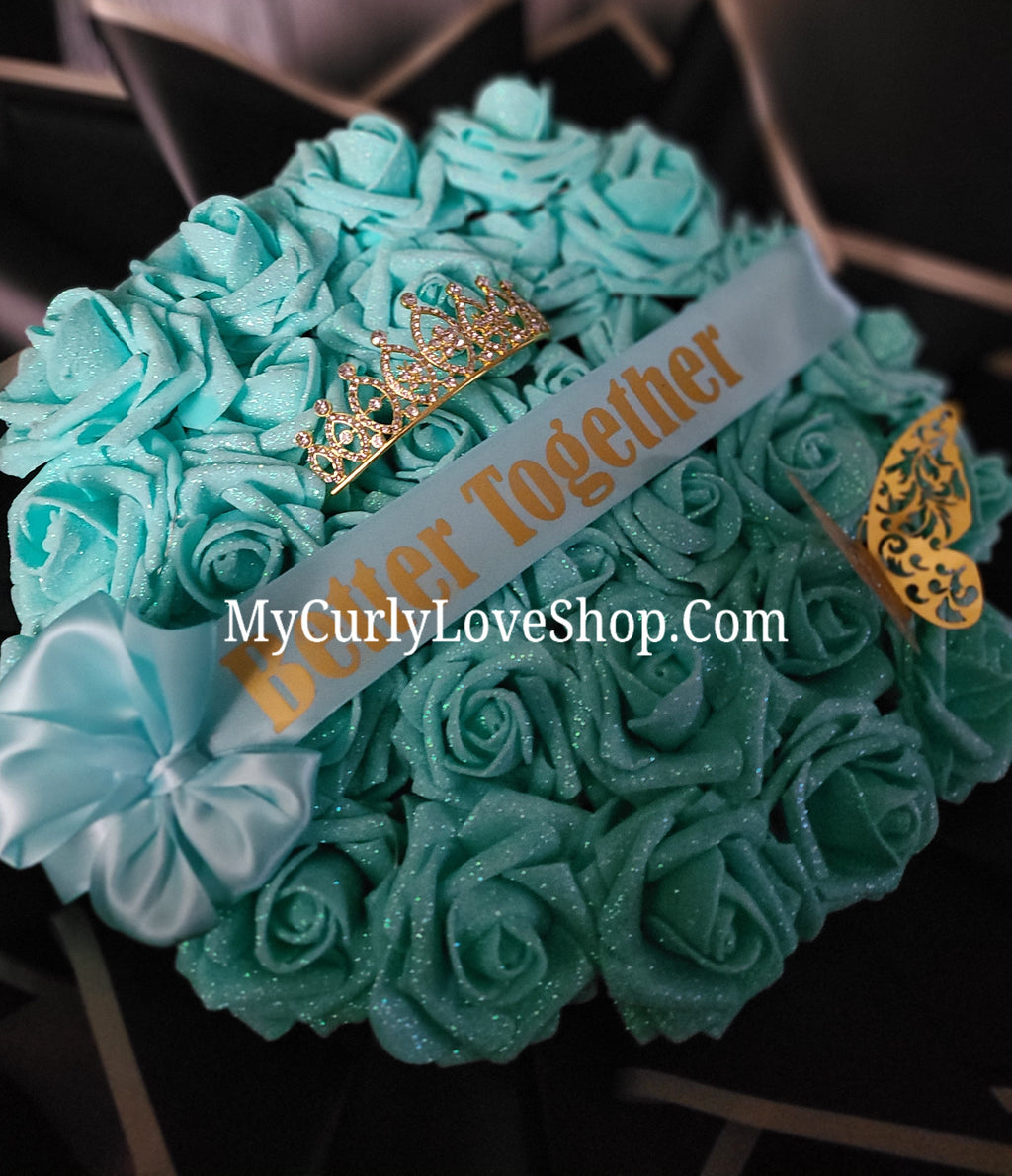 Glitter Roses Bouquet: Tiara and Butterfly Included (Tiara and Butterfly Shape Can Vary Depending on Availability) Banner and Lights are additional.